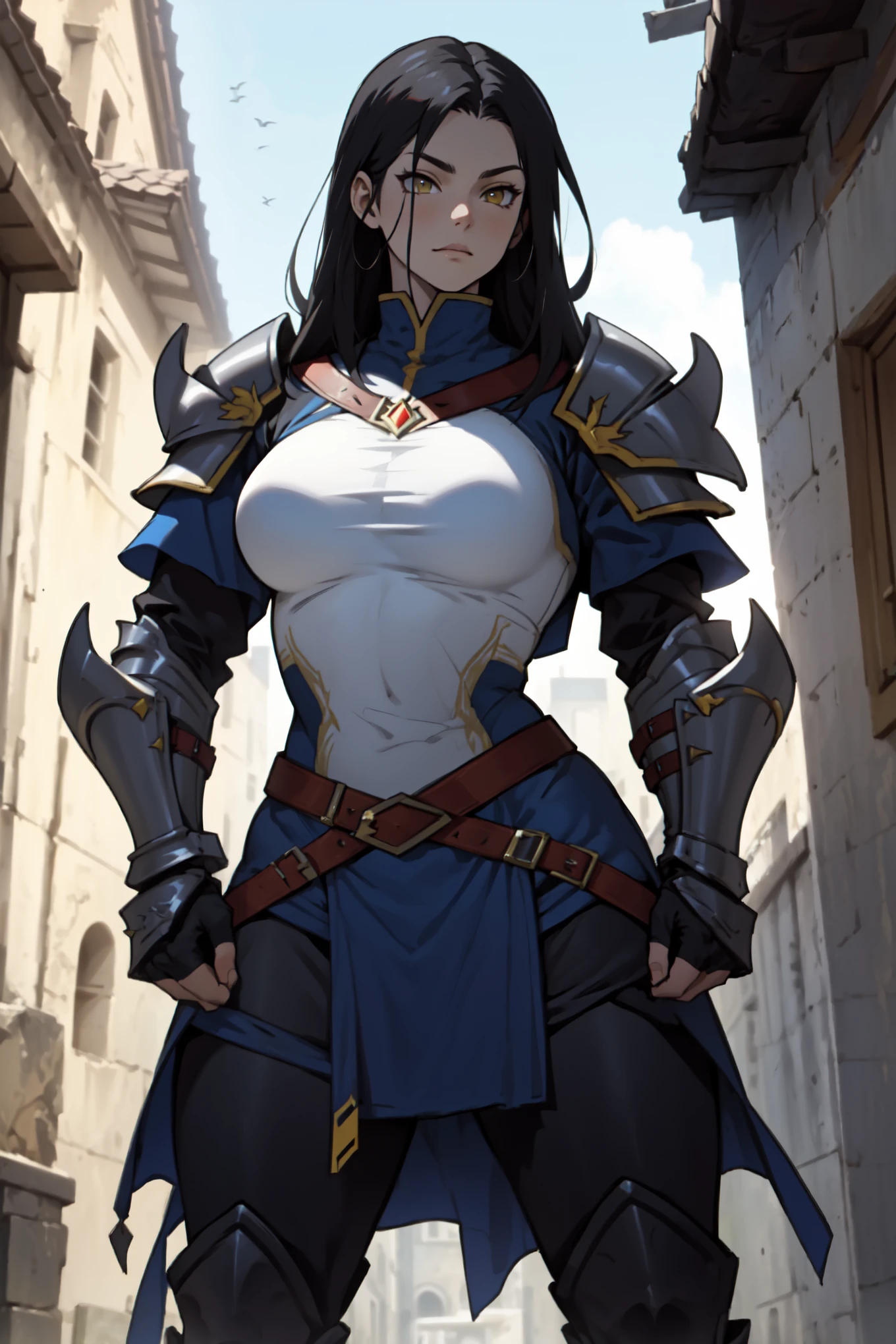 Masterpiece, hyper detailed, 1girl, teen , smiley face, freckles, wide forehead, big eyes, green eyes, short bowl haircut, brown hair BREAK very intricate detailed medieval armor shiny with big shoulder defense, no helmet BREAK standing in middle camomile plain, butterfly's flying around, sunny day, ((big boobs))