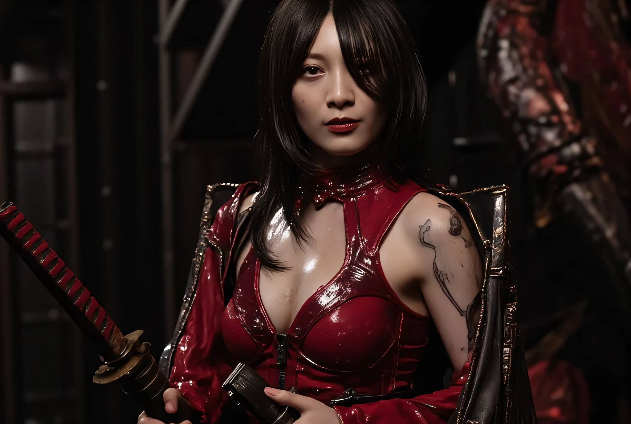 (((The dark interior of the Nostromo ship :2.0))),((( HR Gigger Style Cyberpunk Atmosphere :2.0))),(((Holds a futuristic Japanese sword :2.0))), Standing,((whole body:2.0)), one woman,( cute face),(Beautiful well-balanced face ),(( natural big breasted :2.0)),( black hair:1.5),( beautiful eyes:1.3), glamorous shot of a 20-year-old Japanese woman , Slender Beautiful Body ,(( model body type:2.0)),(( slim body with hot water:1.7)), perfect body line , Ideal Proportions ,(( big breasts:1.5)),(Bare thighs:1.3), sensual thighs, delicate body,( Muscular:1.7),A harmonious posture,((Realistic breast depiction :1.7)), carefully depicting limbs based on perfect anatomy,((Futuristic Samurai Style Red Super High Leg Leotard :2.0)),(( super high-leg leotard made of camy-style latex that fits the body:2.0)),(( holding an Edo-style laser matchlock:2.0)),(Steel armour on the shoulders :1.7),((Coat with iron decoration :2.0)),(ear monitor:1.5),((Tactical Holster:1.5)),( gloves:1.3), Concept Art,( top quality:1.5),( Masterpiece:1.5),(Super high resolution),resolution,UHD,( delicate depiction), carefully drawn with butterfly wings ,32K,(( realistic skin texture:1.5)),((( super realistic :1.5))), eyelashes, Highly Detailed Face,Highly detailed female hand,Sexy appearance,Very sensual,(Blurry Dim Backgrounds :1.5), Professional Photoshoot,( Movie Lighting:2.0),(( Blade Runner Style Lights :2.0))