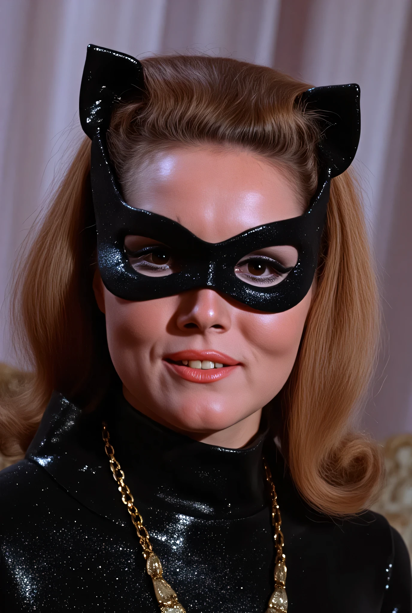 tallulah bankhead,.wearing eye mask, full face only shot, smiling, Dressed in a black tight-fitting , closed to the neck , latex metallized catsuit .