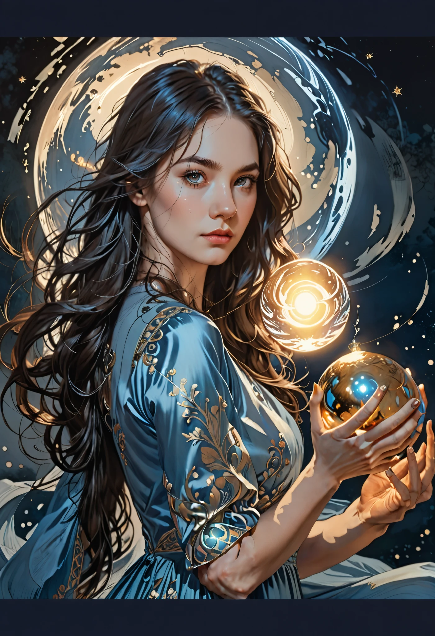 a woman with long hair and a blue dress holding a glowing ball, jen bartel, charlie bowater art style, peter mohrbacher style, artgerm julie bell beeple, charlie bowater and artgerm, in style of charlie bowater, in style of peter mohrbacher, artgerm mucha, artgerm and james jean