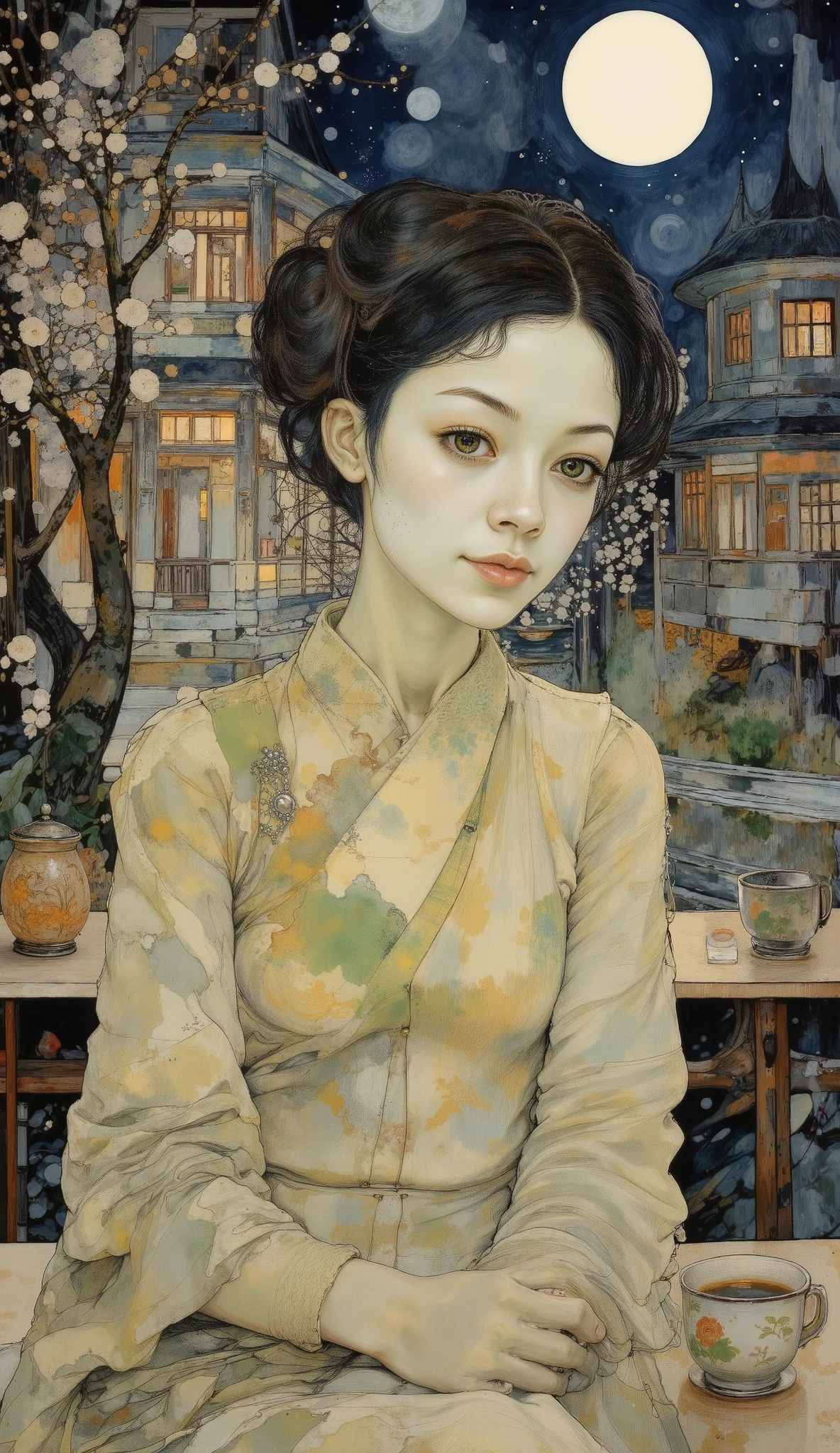 plano gran general toma alejada de la cámara:1.5, A woman in an olive green outfit posing for a photo, high tech futuristic woman, moonlit tea ceremony, (best quality,4k,8k,highres,masterpiece:1.2),ultra-detailed,(realistic,photorealistic,photo-realistic:1.37),intricate detailed porcelain teacup,elegant ornate kimono,beautiful detailed eyes,beautiful detailed lips,extremely detailed eyes and face,long eyelashes,dramatic lighting,cinematic composition,moody atmosphere,vibrant colors,glowing moonlight,delicate cherry blossoms,traditional Japanese architecture
