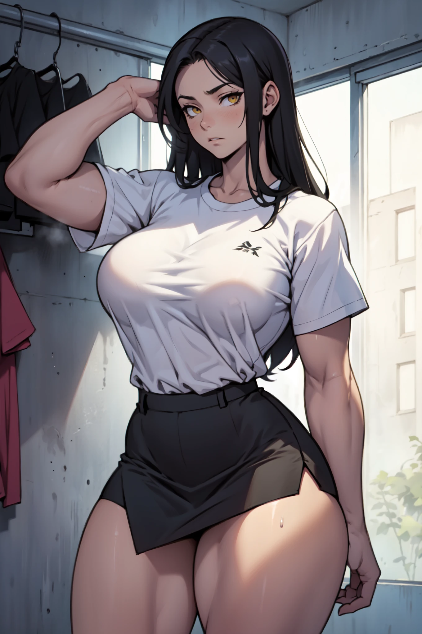 huge muscles huge breasts huge thighs pale skin black hair yellow eyes very long hair muscular girl sad expressionless plated skirt over-sized shirt