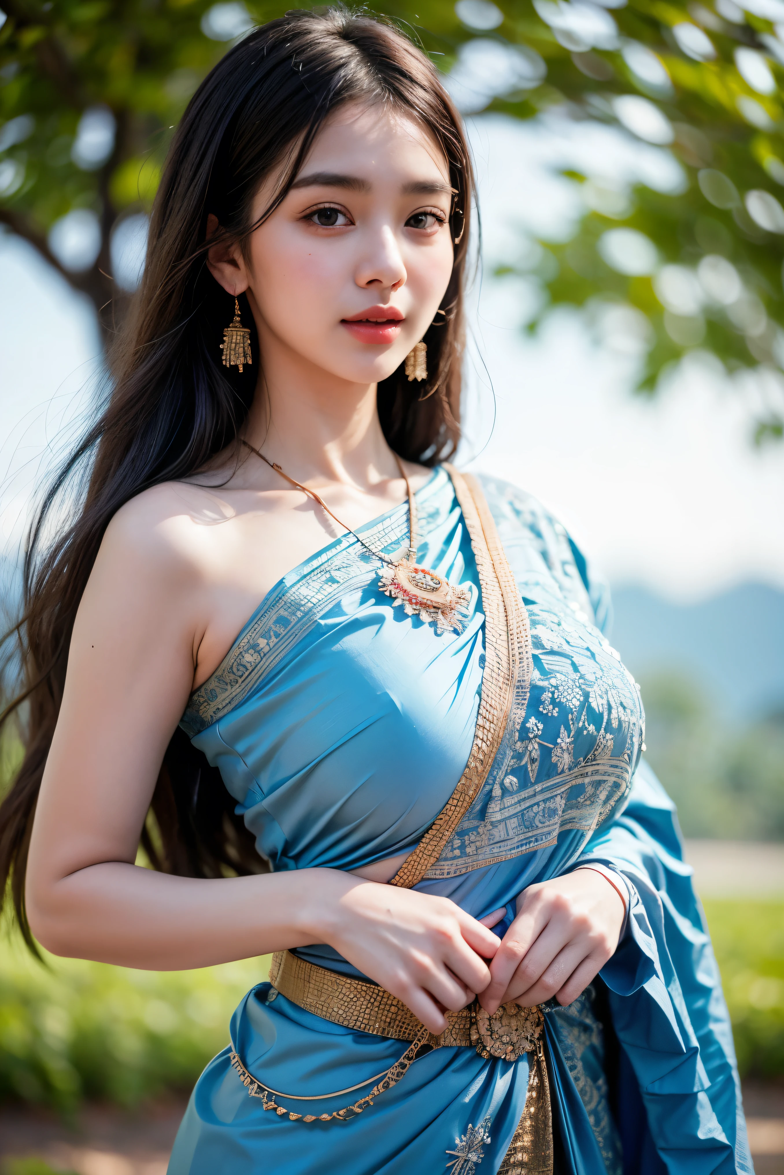 a (close up photo:1.1) of (pasodam:1.1), (sharp focus:1.2), attractive young woman, (beautiful face:1.1), detailed eyes, luscious lips, (smokey eye makeup:0.85), she is wearing a (saree:1.2), jewellery, on a (cliffside:1.2). (moody lighting:1.2), depth of field, bokeh, 4K, HDR.
<lyco:parkSoDamDogu:1>