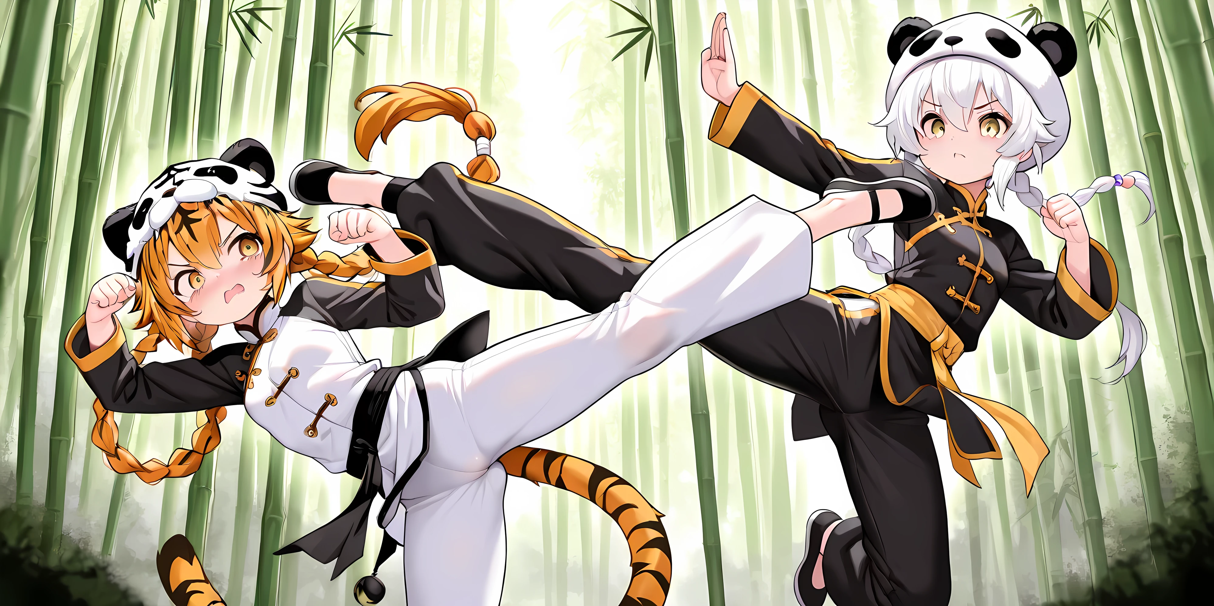 (masterpiece, best quality, amazing quality, very aesthetic, absurdres, newest, good anatomy, good finger), (2girls, flying kick) BREAK (1girl, petite and cute, cute, panda hat, black & white kung fu uniform) BREAK (1girl, petite and cute, cute, tiger hat, tiger tale, yellow & black kung fu uniform) , bamboo forest