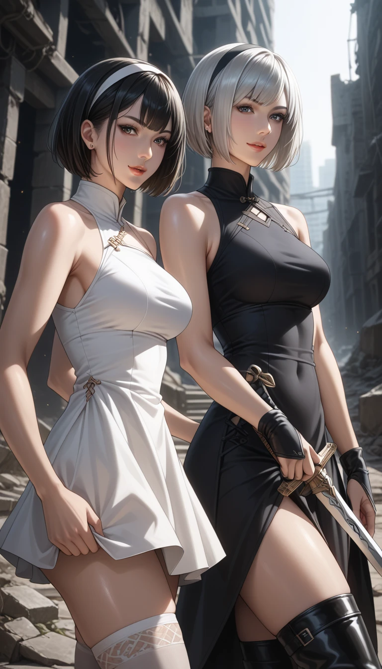 absurdres, RAW photo, extremely delicate and beautiful, masterpiece, Best Quality, ultra high resolution, 32k, hyperrealistic, ultra-detailed, detailed description, perfect anatomy, pale skin, 20 years old, detailed beautiful face and eyes, tearful mole, earring, short medium hair, wavy hair, random colored hair, whole body shot, colossal tits, ((yuri)), (((2 girls))), Luxury evening dresses,