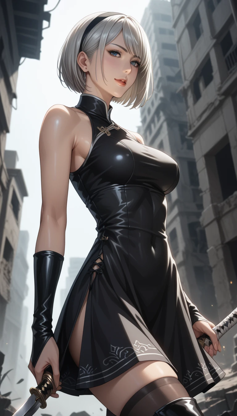 (Real 16k,Realistic details), Holding a Japanese sword..., Black short skirt, (Nierオートマタをベースにした) 、(Perfect body standing in beautiful pose, Perfect Girl), Perfect detail, Ultra HD 8K, Professional photos,Style 2B, Very detailed (Very beautiful blue eyes), Destroyed slums, (Stance for battle, Combat Stance), Green Gas, haze, Mystical style, night, explosion, flash, Mystical style, Very detailedな ユニティ 16k 壁紙, Detailed light, Cinematic lighting, chromatic aberration, Sparkling, Expressionless, Very detailedな リアル 16k 壁紙, Detailed light, Jinx character design, A magnificent composition, Dark background, Very detailed, Detailed body, Detailed face, Sharp Focus, Sharp Focus, The face is severely drooping, Detailed eyes, Ultra-fine illustrations, Better Shadows, In detail, Beautiful details glow, Beautiful details, Very detailed, Expressionless, A magnificent composition, Unreal Engine のコピー, Presented at artstation, Octane Rendering, society, artstation hd, Cinematic, Real 16k, Hypermaximalist, (League of Legends\)、Yoruhano. 2 Type B, One Girl, Wow,, chest, chestの谷間, chestの谷間 cutout, Clothing cutouts, Green background, Hair between the eyes, hair band, High resolution, Juliet Sleeve, Long sleeve, Nier (series), Nier Automata, Puffy sleeves, Red lips, Shadowed face, short hair, alone, turtleneck, (Whole body image), Gray Hair, Sky Porn、(Protruding nipples: 0.5)