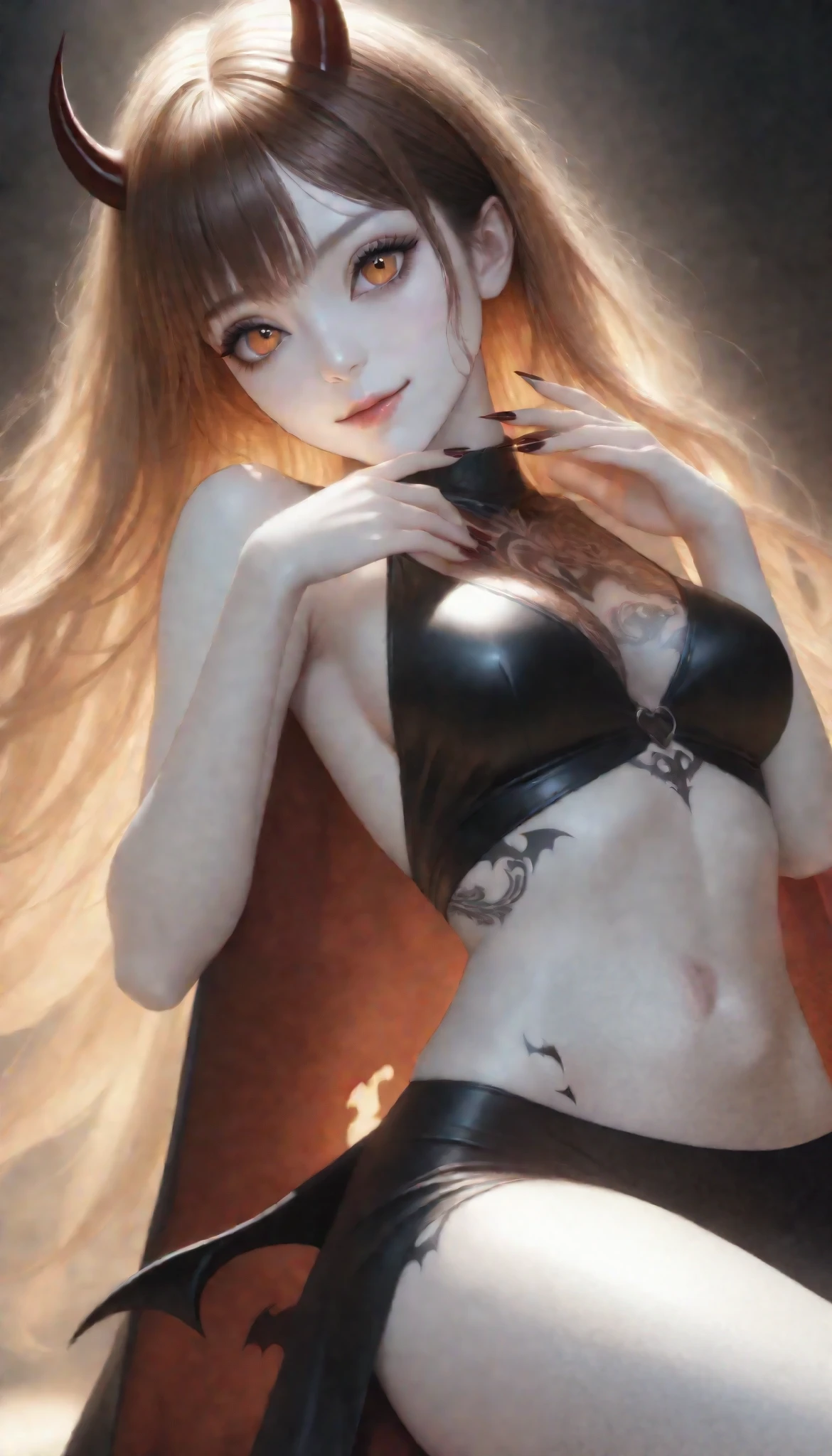 Ultra high resolution illustration, beautiful adult woman wet with melted and dripping chocolate, \((devil:1.7), cute, big eyes, white skin, pale skin, evil smile, long nail, orange eyes,(looking down:1.3),wearing capelet\((very big:1.5),(very long:1.3),(black),Tattered\), (backlit and dark.:1.3),shadow puppet\), ((tattooed all over her body)){x}, seamless melted, beautifully detailed shot, beautiful eyes with fine details, beautiful lips with fine details, highly detailed face, long eyelashes, sexy body wet with melted and dripping chocolate, censored, attractive legs, very cute and sweet scenery, BREAK mellow flavor and rich aroma, exquisite harmony of sweetness and bitterness, professional craftsmanship work, ((high quality, 8k, hyper-realistic, realistic, masterpiece, highly detailed)), studio lighting, professional portrait, beauty portrait art, soft focus, moody lighting, dramatic atmosphere, chocolate tattoo themed art, ARW