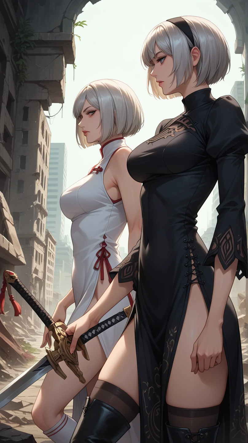 Tow samurai lady's They hit each other with a fatal blow with a sword. One of them cut off her head and the other had her insides out. The two of them were completely naked, in a rainy atmosphere and dim lighting, blood everywhere, manga design, drawing, 4