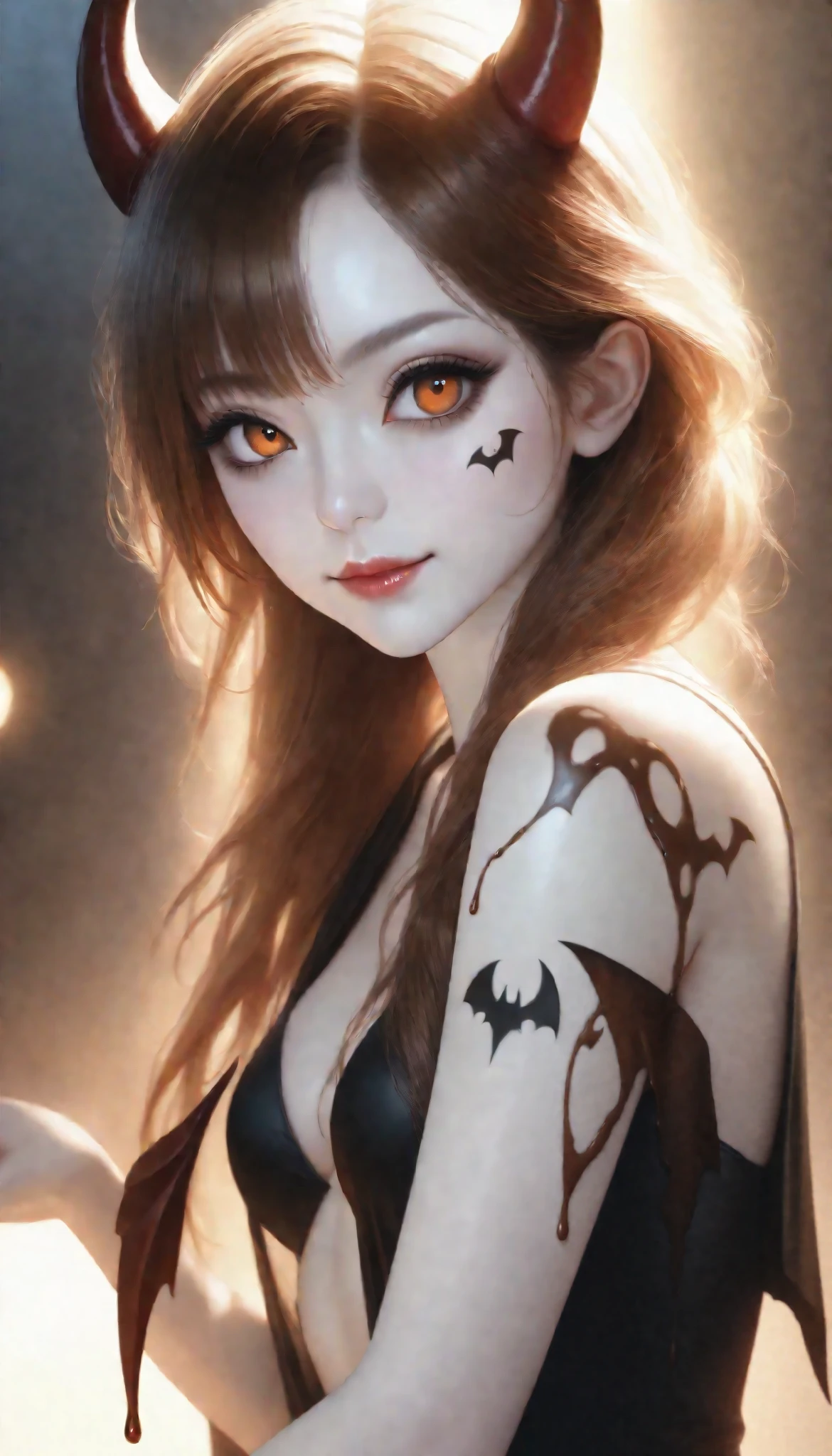 Ultra high resolution illustration, beautiful adult woman wet with melted and dripping chocolate, \((devil:1.7), cute, big eyes, white skin, pale skin, evil smile, long nail, orange eyes,(looking down:1.3),wearing capelet\((very big:1.5),(very long:1.3),(black),Tattered\), (backlit and dark.:1.3),shadow puppet\), ((tattooed all over her body)){x}, seamless melted, beautifully detailed shot, beautiful eyes with fine details, beautiful lips with fine details, highly detailed face, long eyelashes, sexy body wet with melted and dripping chocolate, censored, attractive legs, very cute and sweet scenery, BREAK mellow flavor and rich aroma, exquisite harmony of sweetness and bitterness, professional craftsmanship work, ((high quality, 8k, hyper-realistic, realistic, masterpiece, highly detailed)), studio lighting, professional portrait, beauty portrait art, soft focus, moody lighting, dramatic atmosphere, chocolate tattoo themed art, ARW