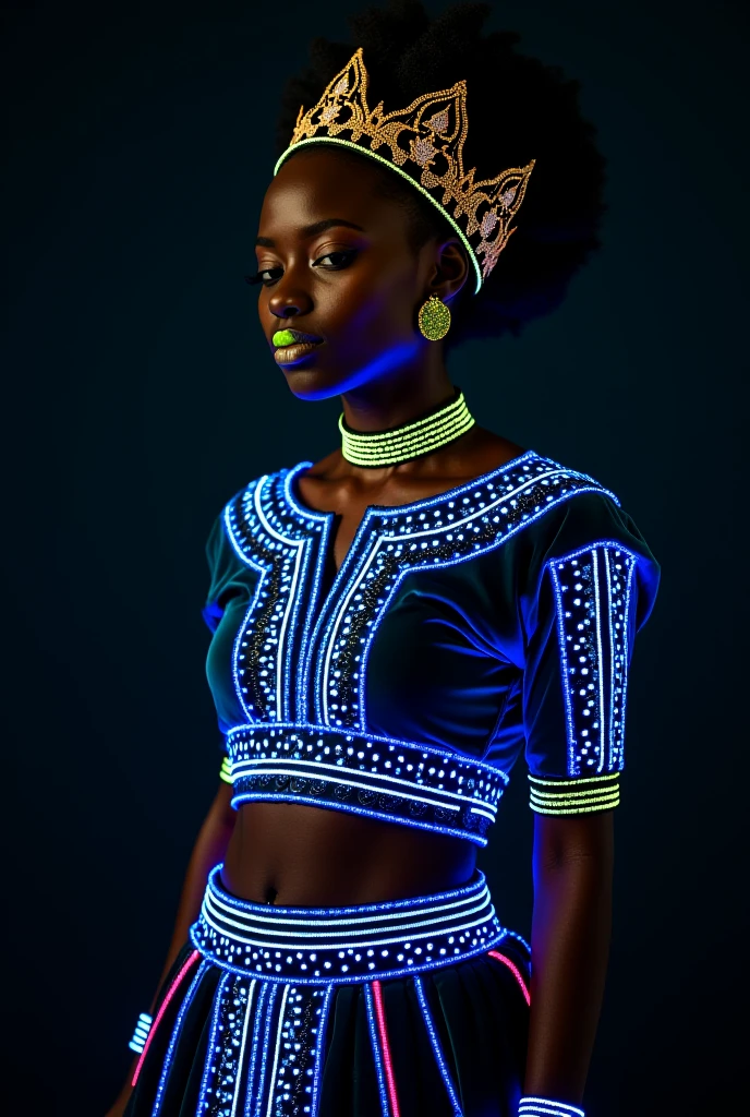 Full body shot of a Black woman dressed in African designed clothes with neon lit glowing red and blue tattoos, standing in an empty place with tattoos lighting the scene, a yellow fog atmosphere in the scene, the tattoos shining in the scene, providing an atmospheric cinematic colour grading, 32k,