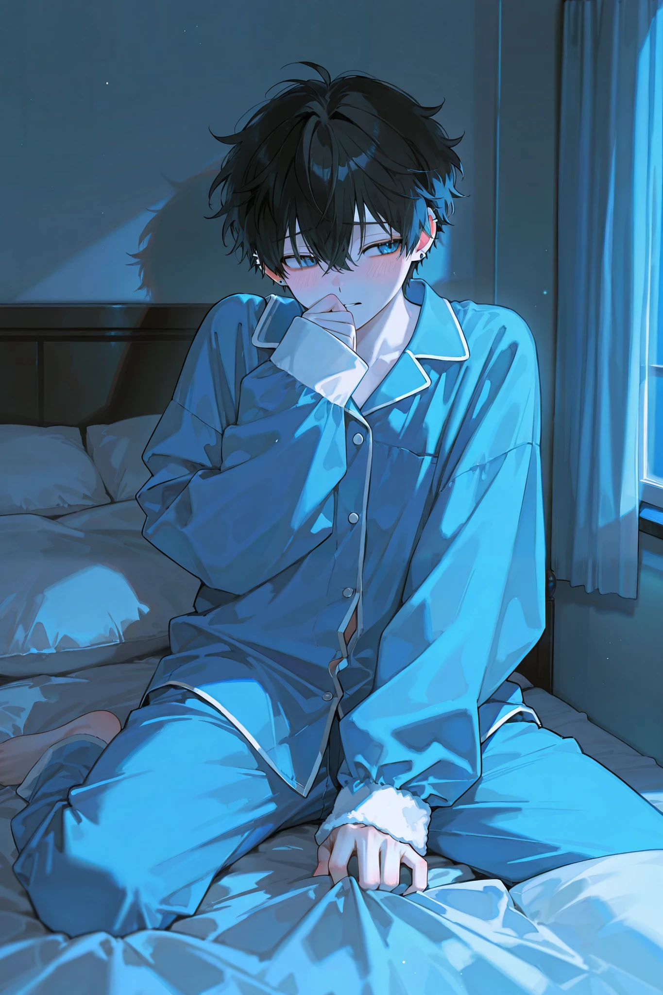 1 man with a gun, alone, In the room, lies in bed, Pillow , handsome,night, blue eyes, shy expression , blush, cute pajamas , Tons of piercings , Fluffy hair , Shy, black hair, focal length 85mm, shy posture , young and vibrant , good condition , 아주 handsome 脸瓜子脸, white skin , blush, Boltuch