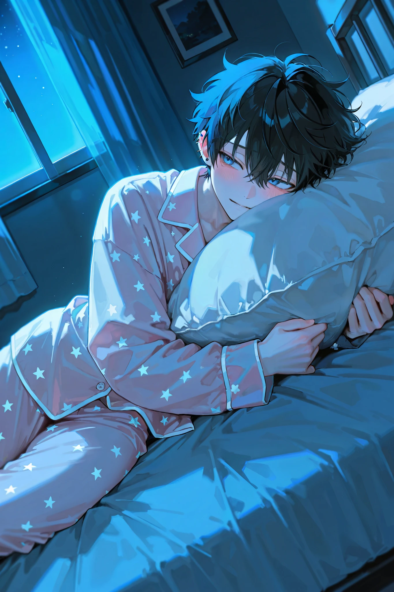 1 man with a gun, alone, In the room, lies in bed, Pillow , handsome,night, blue eyes, shy expression , blush, cute pajamas , Tons of piercings , Fluffy hair , Shy, black hair, focal length 85mm, shy posture , young and vibrant , good condition , 아주 handsome 脸瓜子脸, white skin , blush, Boltuch
