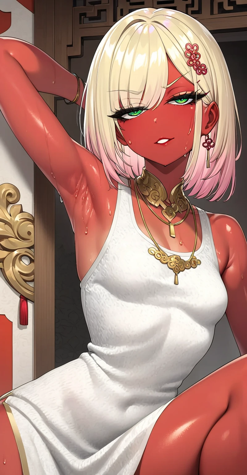 moody lighting, cute girl, (platinum hair), ((very long curly hair)), perfect face, smug smile, (red eyes), (naked), (petite), (slender), ((flat chest)), ((21 years old)), skindentation, extreme detail, attractive oval face, red lips, pink nipples, glossy skin, detailed hair, face focus, close-up chest, ornamental gold necklace, gold earrings, ((1 girl)), (stockings), embarrassed expression,