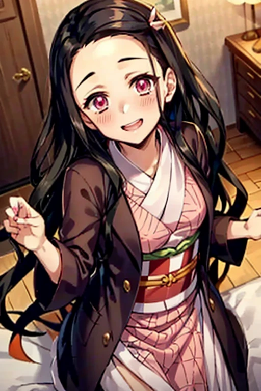((highest quality)), ((masterpiece)), (be familiar with), perfect face, indoor, Bedroom, looking at the viewer,
one woman, Kamado Nezuko,
open mouth, ecstatic expression, blush, smile,
small breasts, flat chest, young girl, , , girl,
long hair, black hair, pink eyes, long hair,
Completely naked, Nipple exposed, Sex with a man with a big cock, 膣内ejaculation, semen splashes, Insert a into your, sex in missionary position, , spread legs,