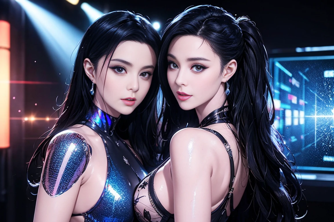 European and American Girls，,fit，skin，shorts，Black shorts，Buttons，zipper，Complex workmanship，icon，company logo，Emit blue light，background，City of the Future