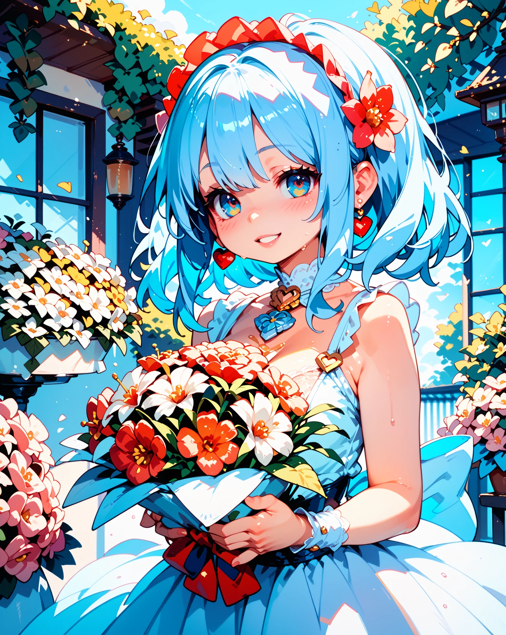 photoRealstic、Nendroids in wedding dress standing in front of the painting、A smile、watercolor Nendoroid、(High Definition Figure)、Flowing iridescent silk、up of face、Eye Up、Colorcon with heart pattern、Floral dress、There are also flowers in front of the nendroids、flower petals、season!!: 夏天☀ 🍂