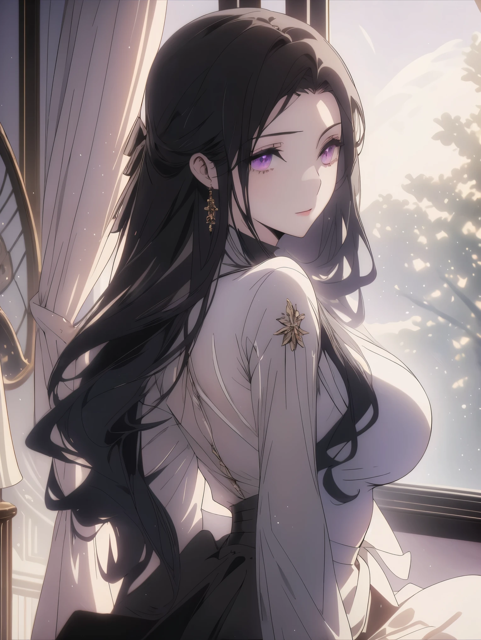 best quality, masterpiece, ultra-detailed, an extremely delicate and beautiful girl, full body, incredibly absurdres, artbook, realistic, real, dusk, indoor, curtain, bishoujo, black hair, purple eyes, huge breasts, black silk stocking, shirt, skirt, high heels, pantyhose, smirk, looking back, looking at viewer, arm support, Bare thigh, skirt lift, beautiful detailed eyes, gorgeous
