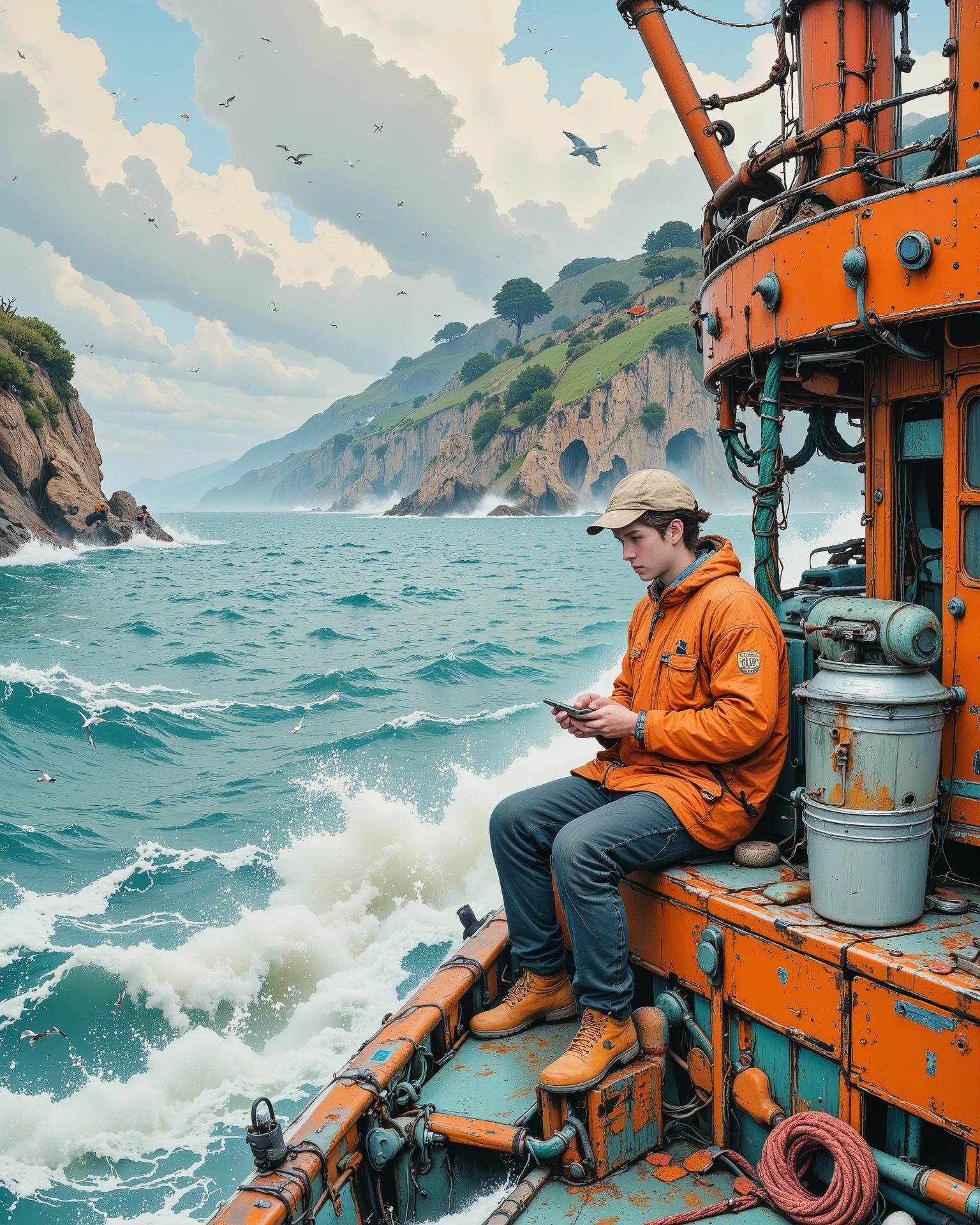 A fishing vessel navigating through turbulent, foamy ocean waves under a dramatic overcast sky. The water crashes dynamically against the boat, creating splashes and movement. On the deck, a young man with short dark hair, wearing an orange waterproof jacket and a beige cap, sits calmly on a weathered metal edge, engrossed in a handheld device. Surrounding him is a tangle of colorful fishing gear—thick green ropes, red and orange cables, industrial equipment, and a white bucket filled with tools. The scene captures vivid details of the boat’s structure, including metallic railings, pipes, and weather-beaten surfaces. A flock of seagulls swirls through the sky, their wings outstretched against thick clouds. The background reveals a distant, rugged coastline with misty green cliffs. Hyper-realistic details, cinematic lighting, vivid textures, and atmospheric storytelling elements."