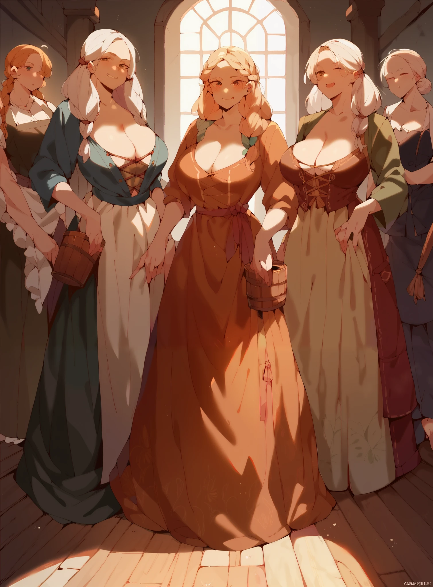 result_9, result_8_higher, result_7_higher, result_6_higher, result_5_higher, result_4_higher, Familiar, Four girls , peasant clothes , is a mature mother, Consistent texture, colorful dress, big breasts, Very high resolution,white hair tie ,