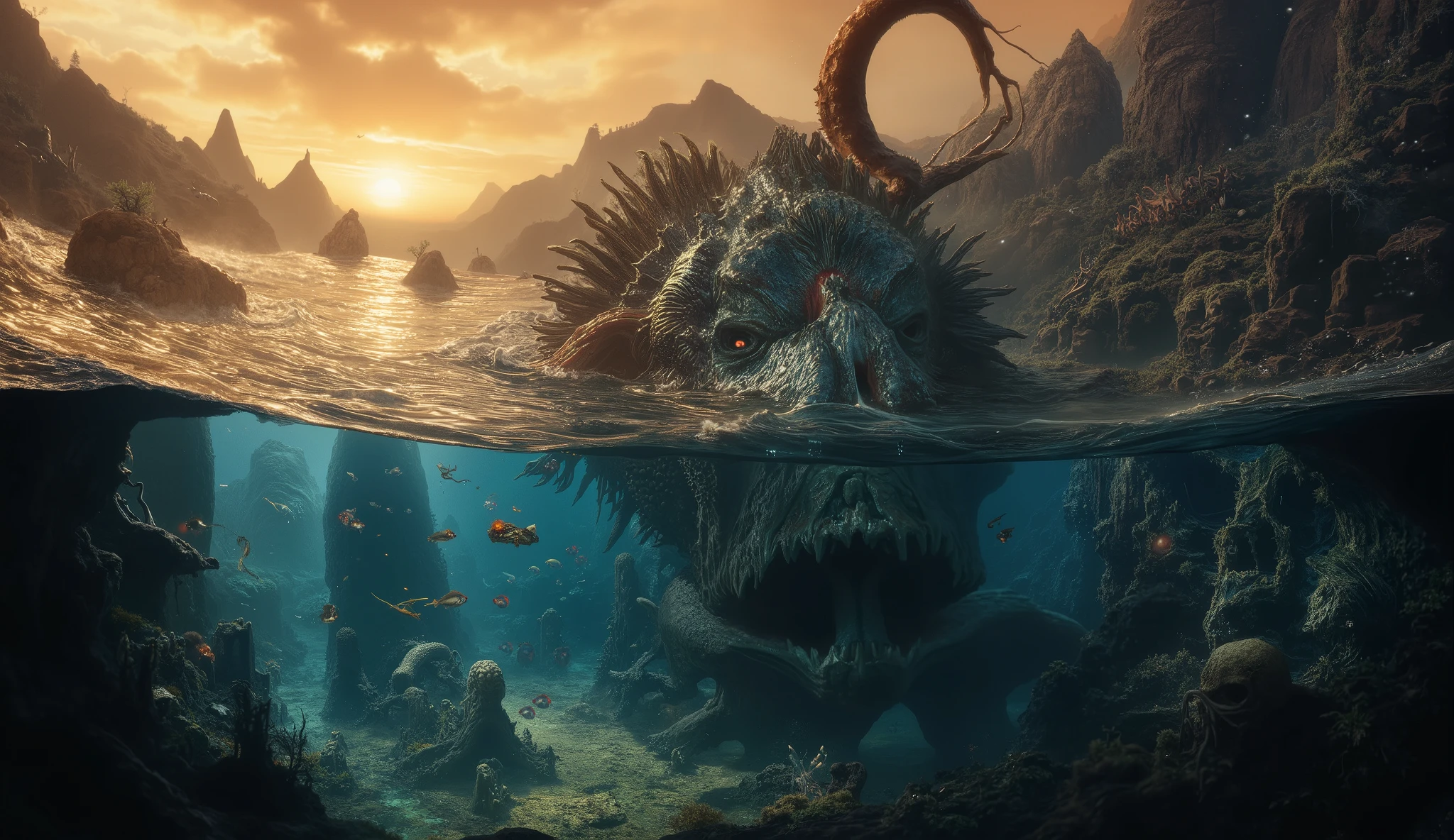 A colossal sea monster emerging from the ocean at sunset, its grotesque, scaly body partially submerged, covered in jagged spines and bioluminescent patterns. The creature has long, writhing tentacles extending from its back, razor-sharp fins, and deep-set, glowing red eyes that pierce through the water. Its massive jaws are filled with uneven, serrated teeth, dripping with seawater. Below the surface, its immense, sinuous body disappears into the abyss, surrounded by swirling fish and eerie shadows. The underwater scene is teeming with vibrant coral reefs, ancient ruins, and scattered skulls, adding a sense of mystery and danger. The surface reflects the golden-orange hues of the dramatic sky, with distant jagged mountains in the background. The lighting is cinematic, with rays of sunlight filtering through the water, creating an eerie yet majestic ambiance. Ultra-detailed, hyper