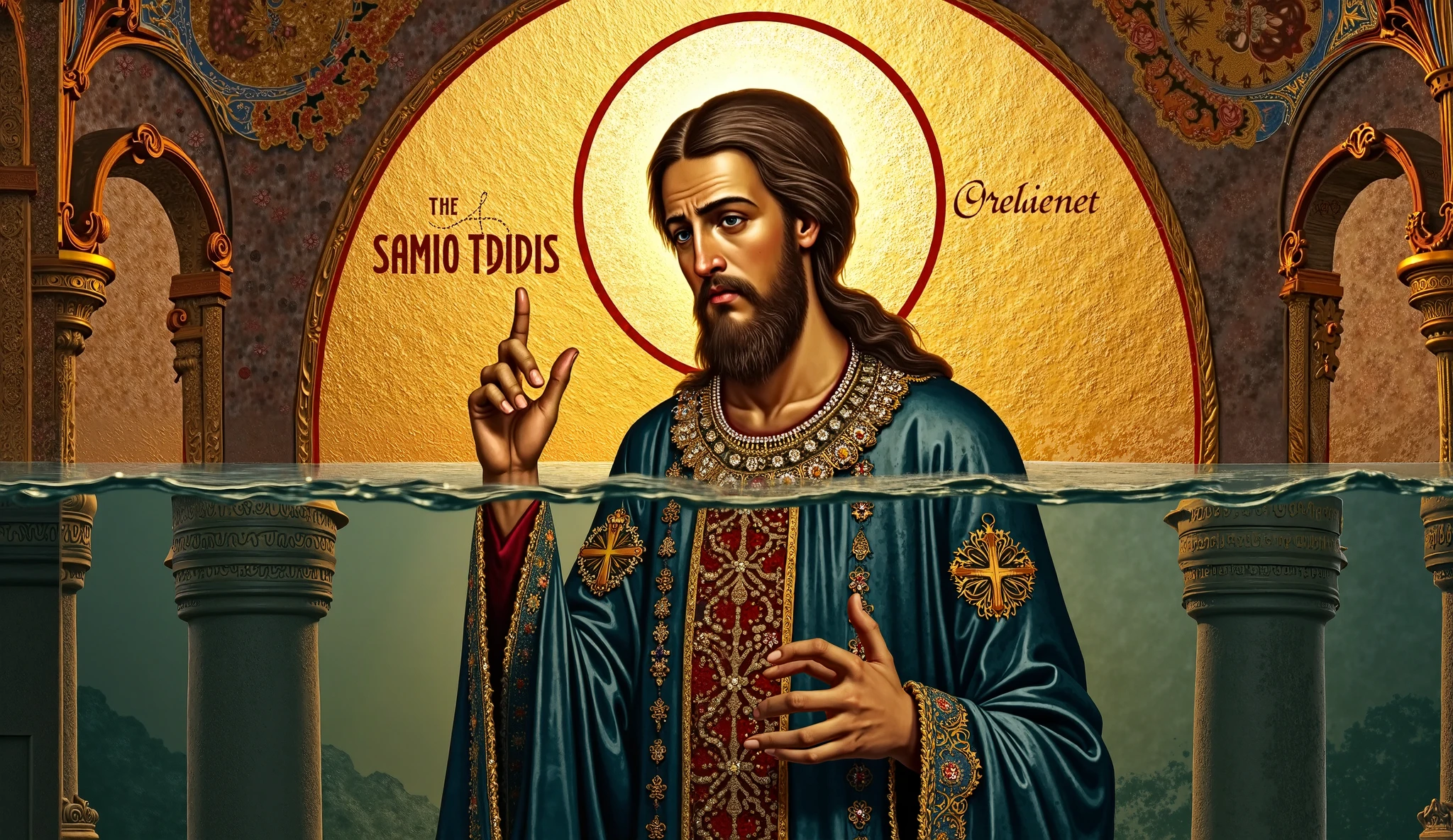 A byzantin painting, An orthodox saint is the protagonist from the movie "Jaws"