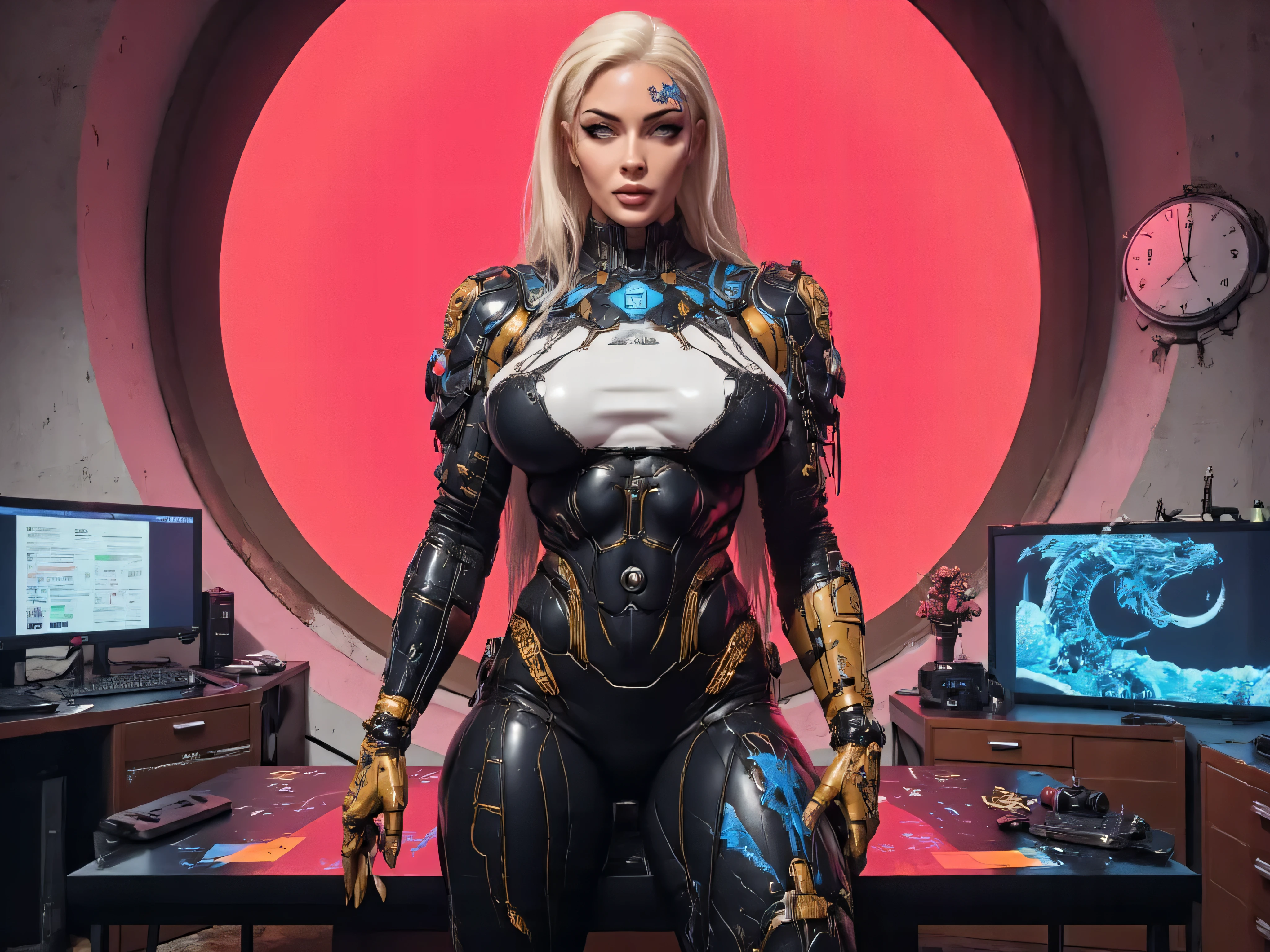 ((best quality)), (Masterpeace, high quality, high resolution, realistic photo, photography, detailed, no tattoos on face), 1 japanese porn star women stormtrooper fighter gangster , age from 30 to 36 years old, porn star Xo Gisele dark space warrior, 8k_wallpaper, extremely detailed eyes, (large masterpiece digital art), (intricate details:1.3 ), (ultra-detailed:1.3), (sharp focus:1.3), (natural lighting:1.05), (vivid colors:1.3), (best quality:1.4), HDR, studio lightings, expressive eyes, full body shot, detailed face, beautiful face, perfect face, impudent rude predatory and vulgar look with a predatory fanged smile, smiles predatorily with passion in the eyes, ((voluminous thick sandy blonde hair)), (korean light predatory makeup), {{wet light bronze skin}}, ({wet light bronze skinned female}), (big breasts), huge chest, (pelvis widens:2.4), big ass, dense white coat, closed chest and stomach with thick steel heavy and bulky nano symbiotic armor mecha armor, dressed in a wide and long black and white strict space military uniform with a high collar, on her shoulders are blue wide shoulder straps framed by golden hanging short chains, on her right chest is an emblem in the form of a blue predatory dragon's mouth, black leather pants, golden cyber gloves, she is standing in a wide space cyberpunk office with a black table on which a hologram of the relief of some planet is turned on, the scarlet sun is shining outside the window, the office is light, post-apocalypse, ultra-realism, hyperrealism, cinematic, dark fantasy, chinese style,