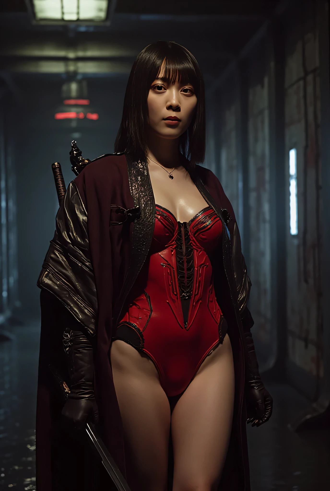 (((The dark interior of the Nostromo ship :2.0))),((( HR Gigger Style Cyberpunk Atmosphere :2.0))),(((Holds a futuristic Japanese sword :2.0))), Standing,((whole body:2.0)), one woman,( cute face),(Beautiful well-balanced face ),(( natural big breasted :2.0)),( black hair:1.5),( beautiful eyes:1.3), glamorous shot of a 20-year-old Japanese woman , Slender Beautiful Body ,(( model body type:2.0)),(( slim body with hot water:1.7)), perfect body line , Ideal Proportions ,(( big breasts:1.5)),(Bare thighs:1.3), sensual thighs, delicate body,( Muscular:1.7),A harmonious posture,((Realistic breast depiction :1.7)), carefully depicting limbs based on perfect anatomy,((Futuristic Samurai Style Red Super High Leg Leotard :2.0)),(( super high-leg leotard made of camy-style latex that fits the body:2.0)),(( holding an Edo-style laser matchlock:2.0)),(Steel armour on the shoulders :1.7),((Coat with iron decoration :2.0)),(ear monitor:1.5),((Tactical Holster:1.5)),( gloves:1.3), Concept Art,( top quality:1.5),( Masterpiece:1.5),(Super high resolution),resolution,UHD,( delicate depiction), carefully drawn with butterfly wings ,32K,(( realistic skin texture:1.5)),((( super realistic :1.5))), eyelashes, Highly Detailed Face,Highly detailed female hand,Sexy appearance,Very sensual,(Blurry Dim Backgrounds :1.5), Professional Photoshoot,( Movie Lighting:2.0),(( Blade Runner Style Lights :2.0))