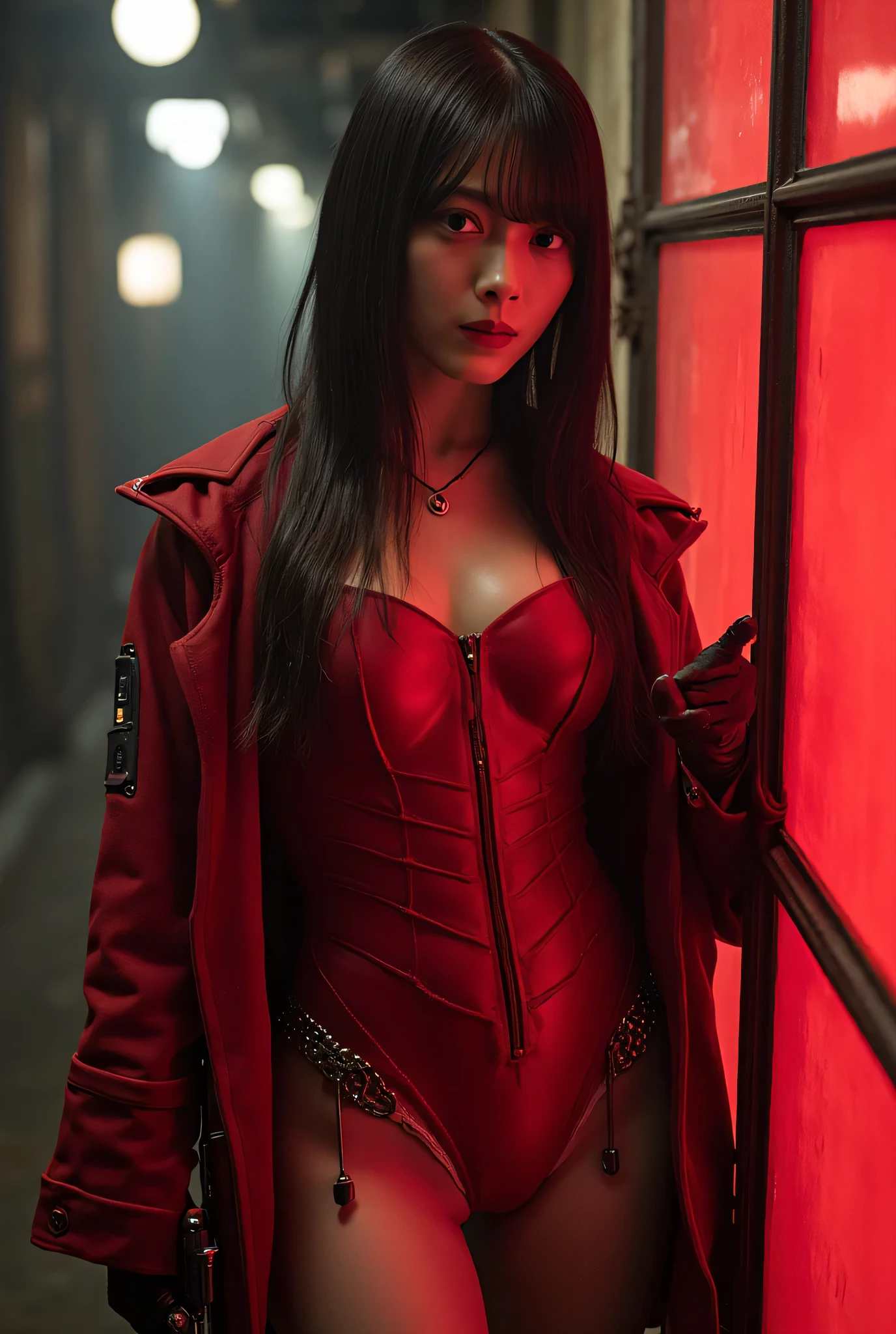 (((The dark interior of the Nostromo ship :2.0))),((( HR Gigger Style Cyberpunk Atmosphere :2.0))),(((Holds a futuristic Japanese sword :2.0))), Standing,((whole body:2.0)), one woman,( cute face),(Beautiful well-balanced face ),(( natural big breasted :2.0)),( black hair:1.5),( beautiful eyes:1.3), glamorous shot of a 20-year-old Japanese woman , Slender Beautiful Body ,(( model body type:2.0)),(( slim body with hot water:1.7)), perfect body line , Ideal Proportions ,(( big breasts:1.5)),(Bare thighs:1.3), sensual thighs, delicate body,( Muscular:1.7),A harmonious posture,((Realistic breast depiction :1.7)), carefully depicting limbs based on perfect anatomy,((Futuristic Samurai Style Red Super High Leg Leotard :2.0)),(( super high-leg leotard made of camy-style latex that fits the body:2.0)),(( holding an Edo-style laser matchlock:2.0)),(Steel armour on the shoulders :1.7),((Coat with iron decoration :2.0)),(ear monitor:1.5),((Tactical Holster:1.5)),( gloves:1.3), Concept Art,( top quality:1.5),( Masterpiece:1.5),(Super high resolution),resolution,UHD,( delicate depiction), carefully drawn with butterfly wings ,32K,(( realistic skin texture:1.5)),((( super realistic :1.5))), eyelashes, extremely detailed face,Highly detailed female hand,Sexy appearance,Very sensual,(Blurry Dim Backgrounds :1.5), Professional Photoshoot,( Movie Lighting:2.0),(( Blade Runner Style Lights :2.0))