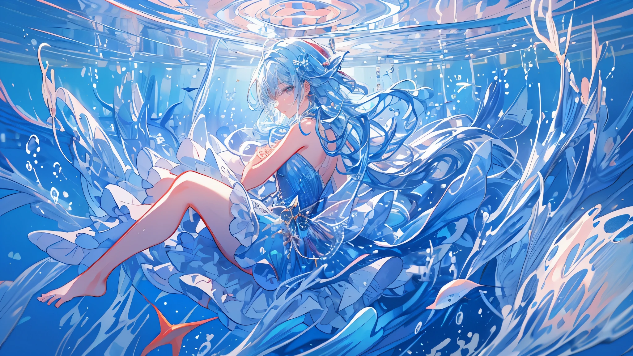 Flat-chested fish-woman with short aqua hair,Water Spirit,Transparent skirt,Covered with scales,underwear,Bare Legs,barefoot,deep sea