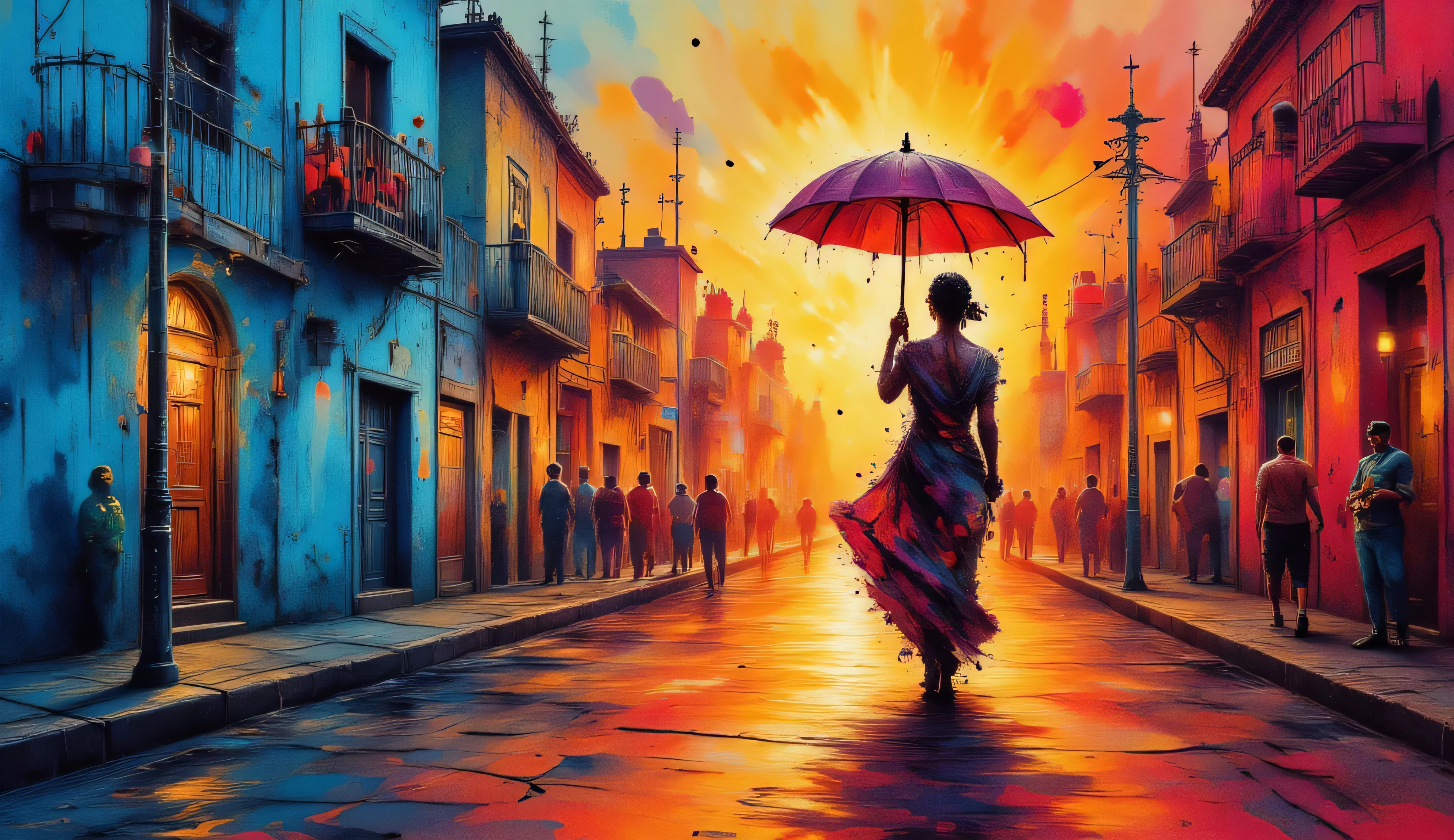 a artistic ink splashes blending dripping effect, dripping glitch cascade of dark shadow dripping ink code, forming the eerie frevo dancers with their small umbrellas in hands , in Recife street. , Double exposure a miniscent of Van Gogh's post-impressionism, dance across the canvas, infusing moody energy, as if possessed by the turbulent spirits of TUSHIKUNI 1973 twisted figural fo