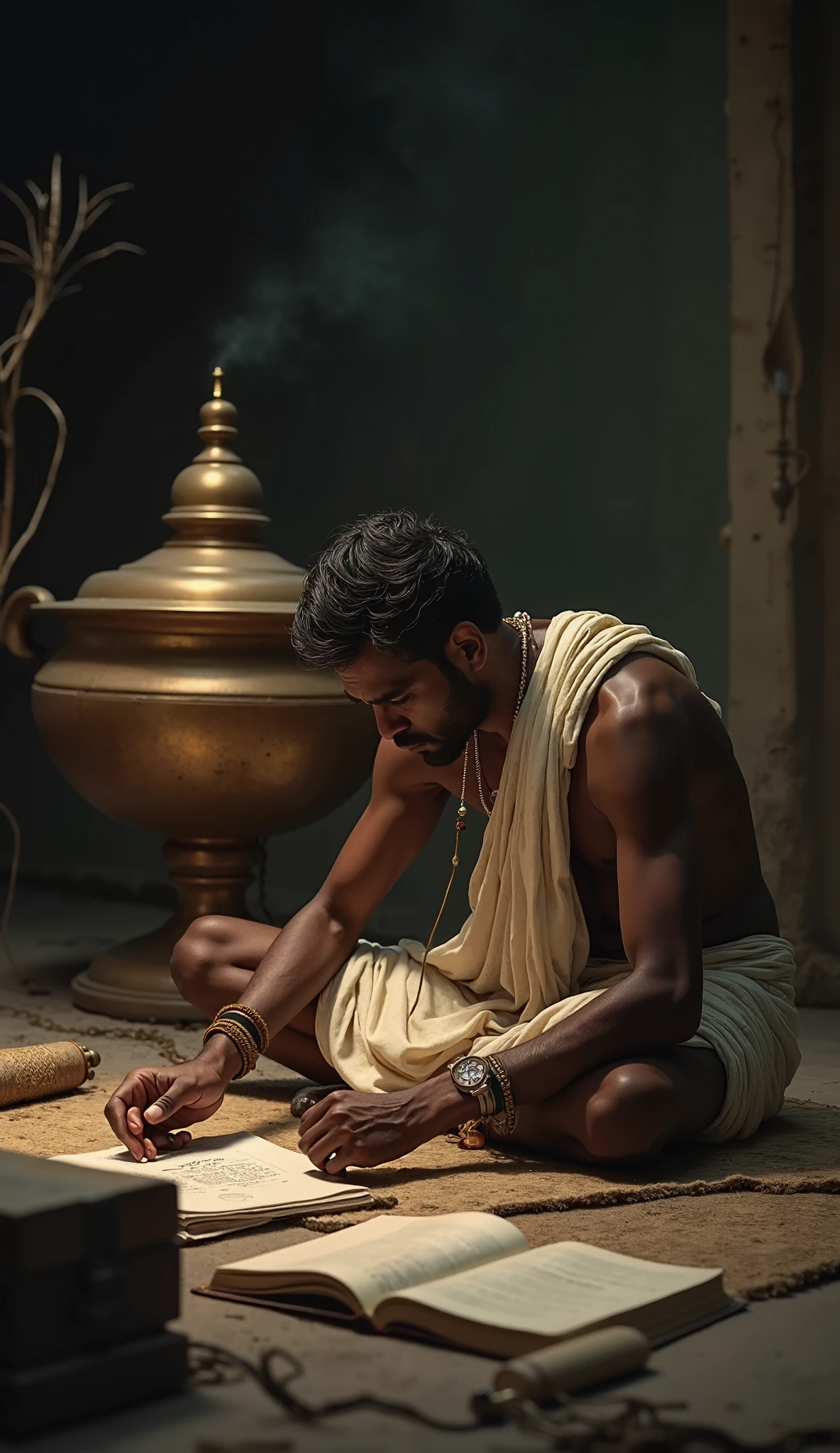 Scary Indian wizard doing magic in a cursed golden cauldron 