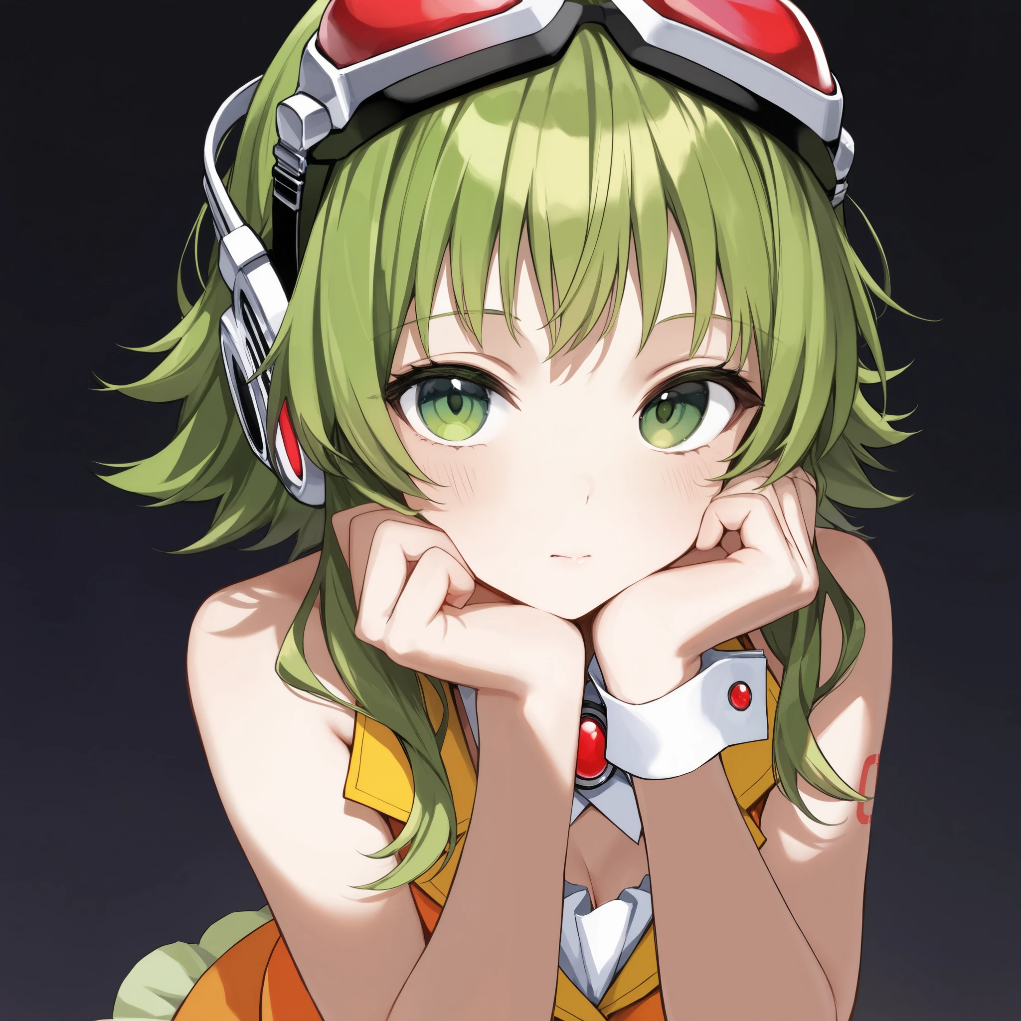 masterpiece, best quality, high quality, ultra detailed, intricate details, exquisite detail, sharp focus, finely detailed, 8k, 4k, detailed face, beautiful face, perfect face, detailed eyes, vibrant colors, vivid colors, 1girl, gumi, megpoid, vocaloid, detailed background, dark background,
