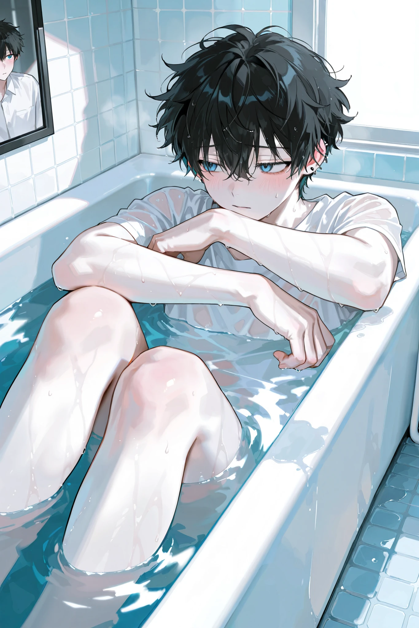 1 man with a gun, alone, In the bathroom, handsome, blue eyes, shy expression , buff, Tons of piercings , Fluffy hair , Shy, black hair, focal length 85mm, shy posture , young and vibrant , good condition , very handsome face, white skin , Boltuch, Entered the bathtub , A bathtub filled with water , wet hair , wet, water, shameful, blush