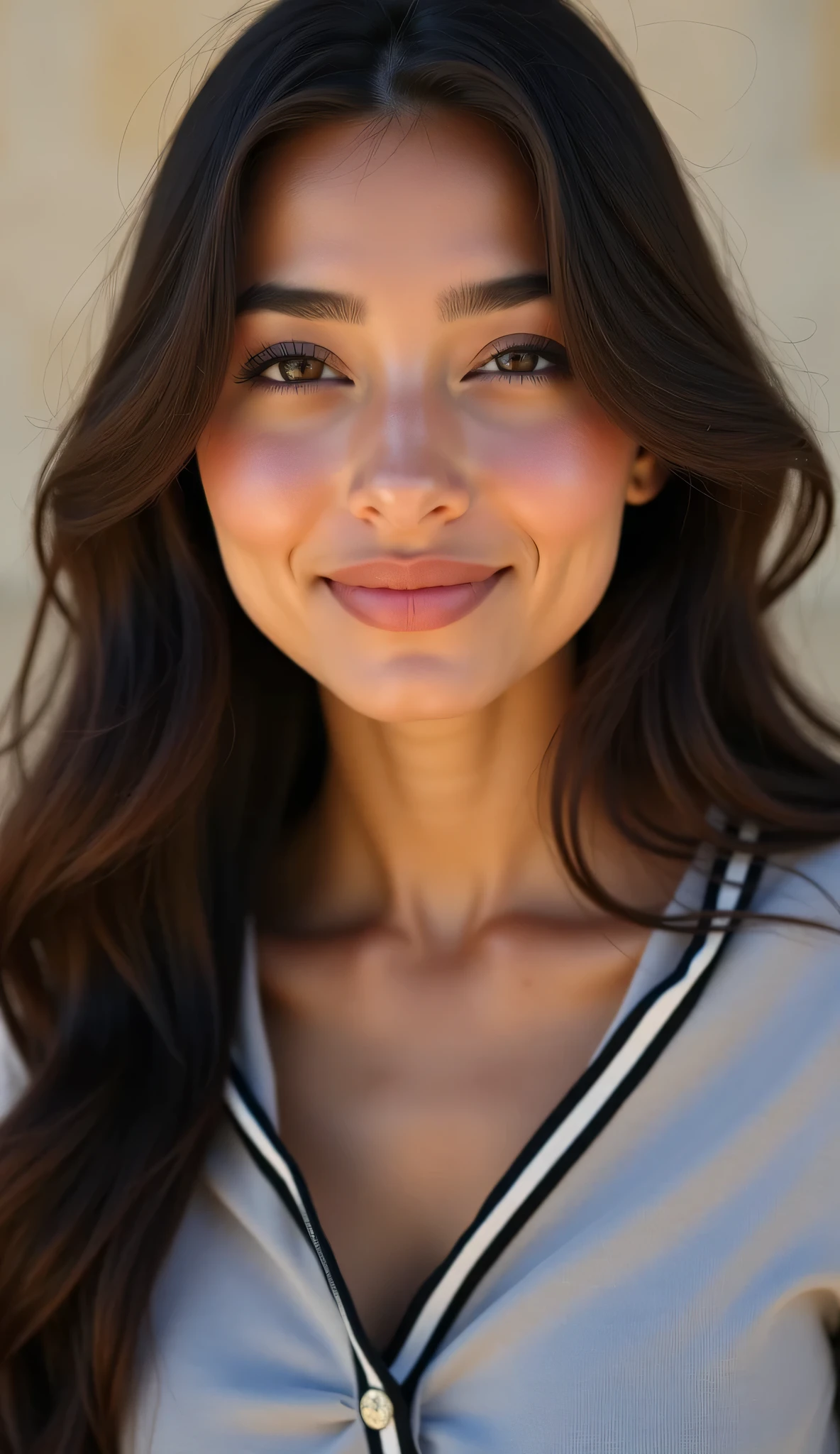 " Create an image of a 25-year-old young woman with an incomparable and expensive beauty Natural Islam, Ideal to be an influencer . She is sitting on a Sheron Stone-like cross-legged sofa(wild instinct) She has radiant skin , expressive eyes and a captivating smile. Your hair is long , smooth, in a rich shade of brown . She is dressed in a sensual way , cross-legged sofa with a modern style that reflects both sophistication and accessibility . The background of the image should suggest a minimalist environment , with light tones, perhaps a studio or an outdoor setting with soft light , to further highlight her attractive and inspiring presence ."