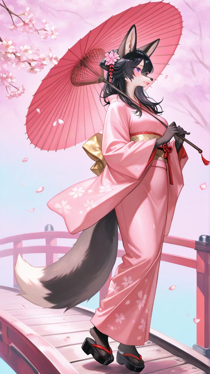 score_9,score_8_up,score_7_up, score_6_up, source_anime, Anthro, pink eyes, nezuko kamado, she is an Anthro furry white fox girl, snout, black nose, white fox tail and ears, feet paws, four toes, wearing kimono, barefoot, sexy feet, mouth covered, (bamboo mouth cover):1.4, playful pose, standing, in a feudal era Japanese house, elegant background