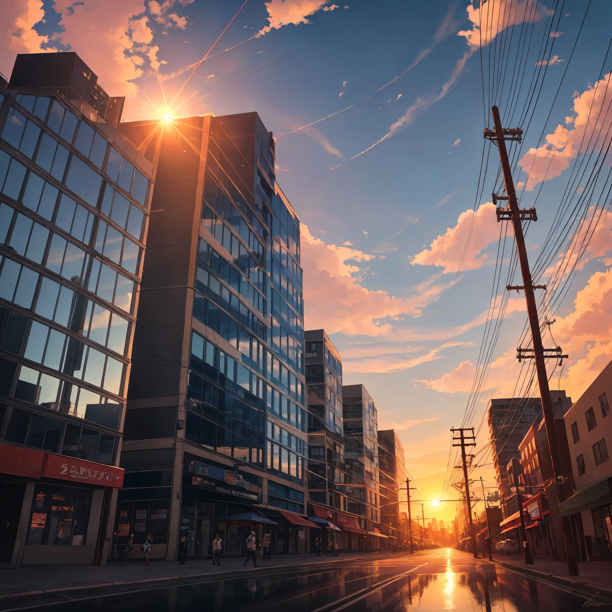 octans, no humans, scenery, cloud, sky, reflection, outdoors, sunset, signature, cloudy sky, sign, utility pole, building, power lines, road sign, blue sky, mirror, city, sun, cityscape, horizon, lens flare 