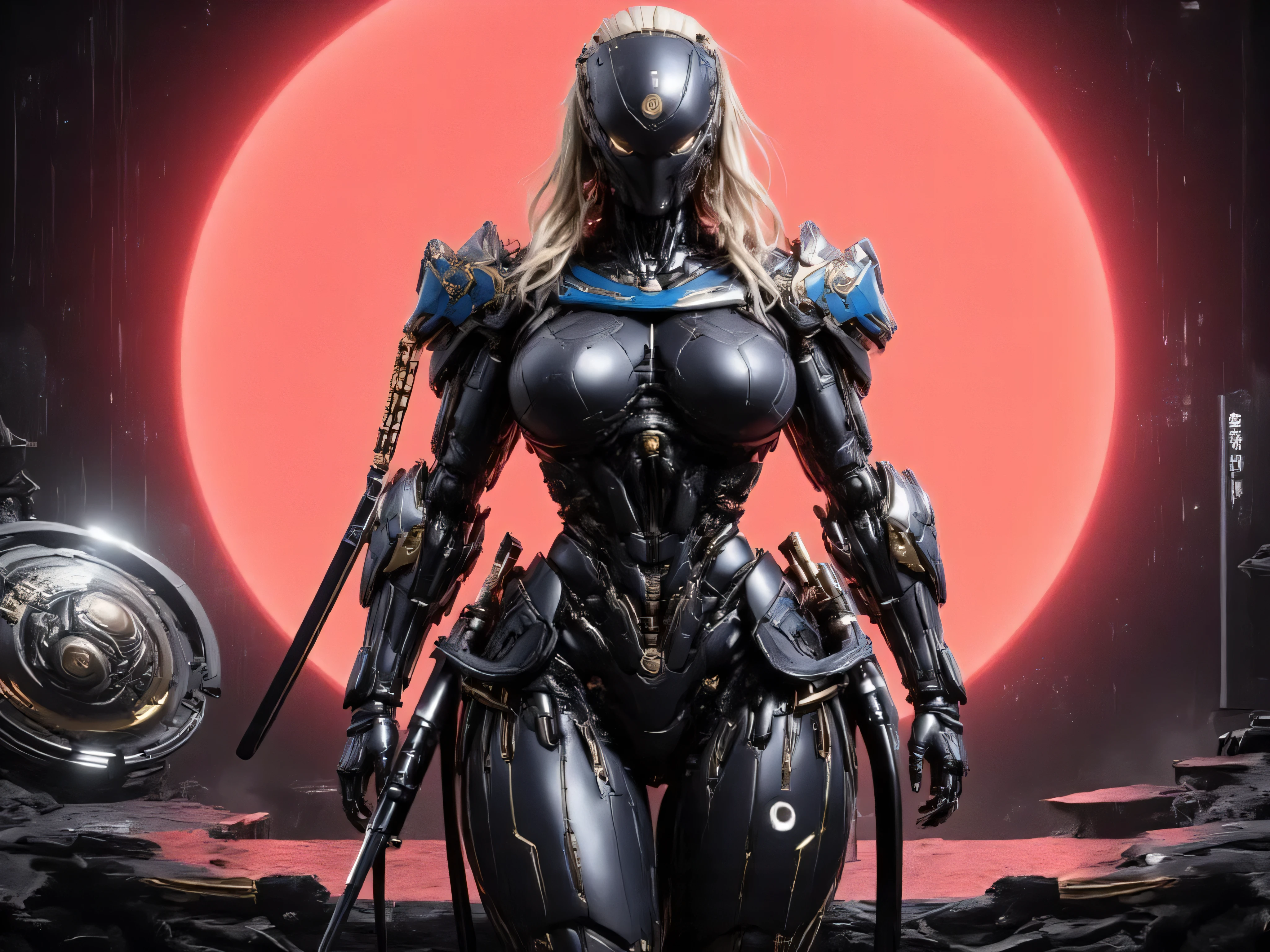 ((best quality)), (Masterpeace, high quality, high resolution, realistic photo, photography, detailed, no tattoos on face), 1 japanese porn star women stormtrooper fighter gangster , age from 30 to 36 years old, porn star Xo Gisele dark space warrior, 8k_wallpaper, extremely detailed eyes, (large masterpiece digital art), (intricate details:1.3 ), (ultra-detailed:1.3), (sharp focus:1.3), (natural lighting:1.05), (vivid colors:1.3), (best quality:1.4), HDR, studio lightings, expressive eyes, full body shot, detailed face, beautiful face, perfect face, impudent rude predatory and vulgar look with a predatory fanged smile, smiles predatorily with passion in the eyes, ((voluminous thick sandy blonde hair)), (korean light predatory makeup), {{wet light bronze skin}}, ({wet light bronze skinned female}), (big breasts), huge chest, (pelvis widens:2.4), big ass, dense white coat, closed chest and stomach with thick steel heavy and bulky nano symbiotic armor mecha armor, dressed in a wide and long black and white strict space military uniform with a high collar, on her shoulders are blue wide shoulder straps framed by golden hanging short chains, on her right chest is an emblem in the form of a blue predatory dragon's mouth, black leather pants, golden cyber gloves, she is standing in a wide space cyberpunk office with a black table on which a hologram of the relief of some planet is turned on, the scarlet sun is shining outside the window, the office is light, post-apocalypse, ultra-realism, hyperrealism, cinematic, dark fantasy, chinese style,