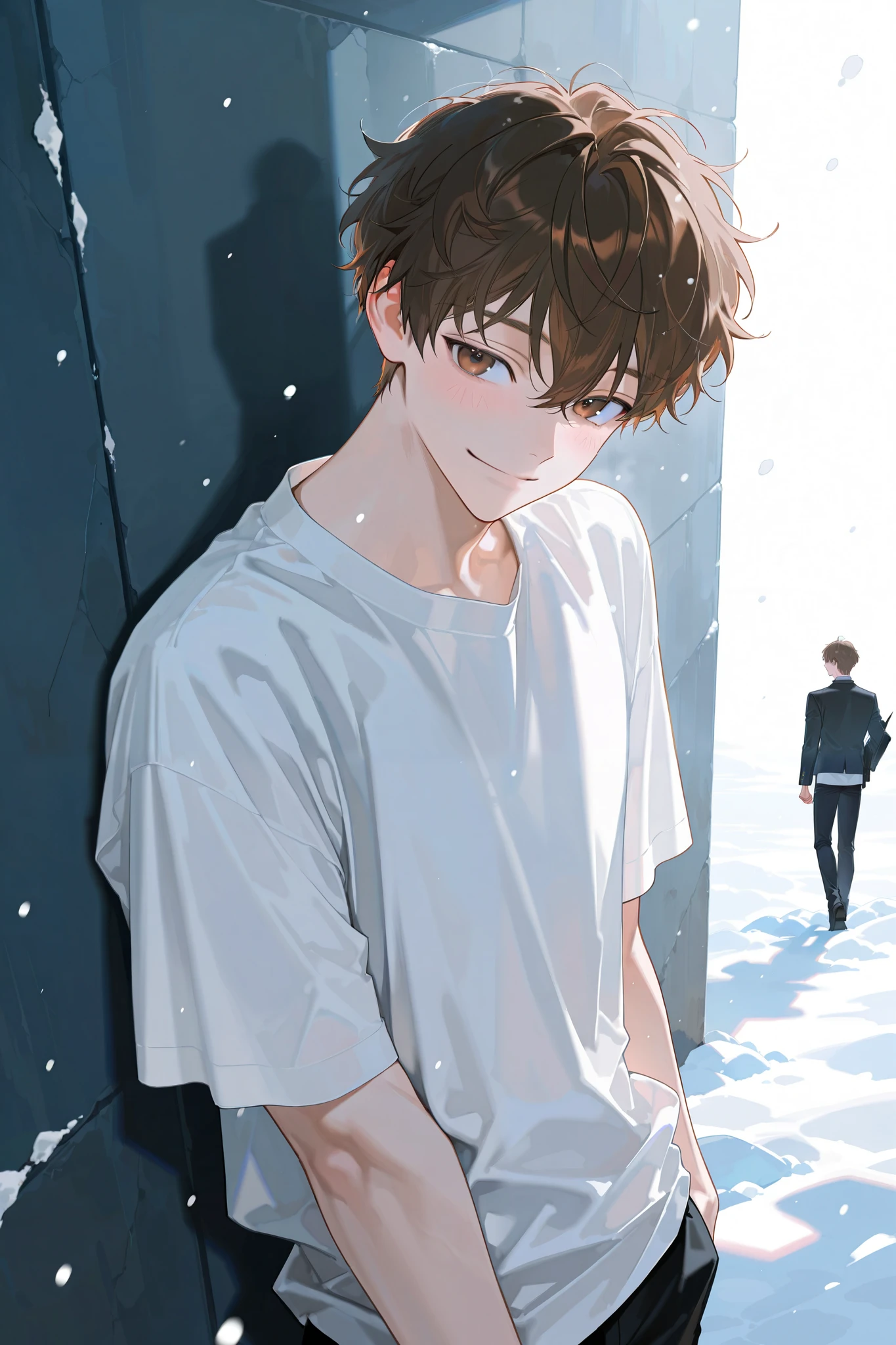 1 man with a gun, handsome, smile, white background, part time job, alone, white shirt , Snow in the corner that went down, male, Adonis, handsome, attractive , brown eyes, curly hair, brown hair, 27 years old, shameful, blush, Staring and smiling, standing position