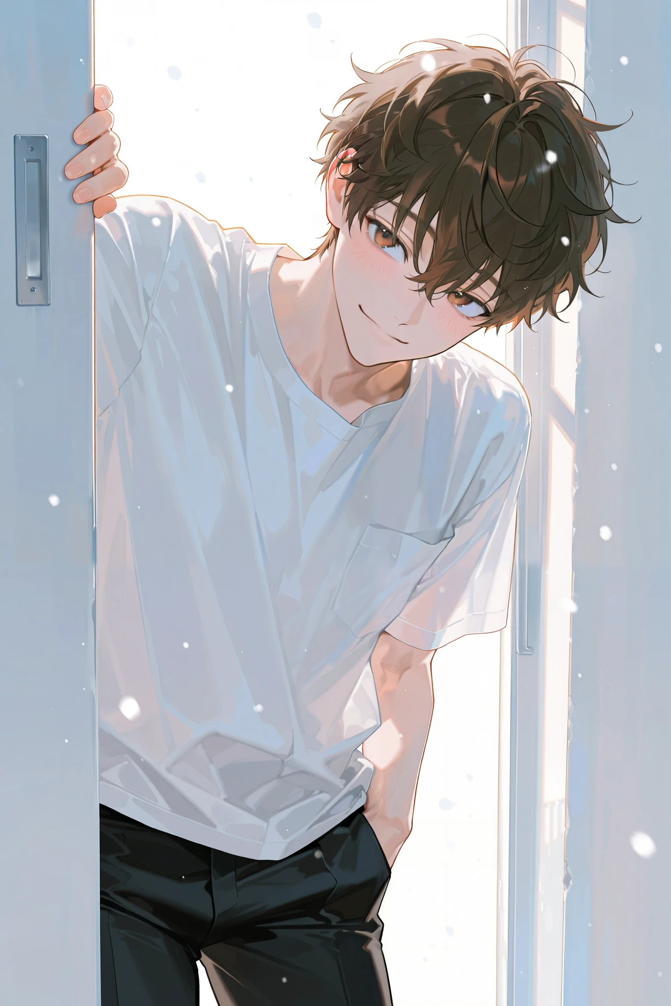 1 man with a gun, handsome, smile, white background, part time job, alone, white shirt , Snow in the corner that went down, male, Adonis, handsome, attractive , brown eyes, curly hair, brown hair, 27 years old, shameful, blush, Staring and smiling, standing position