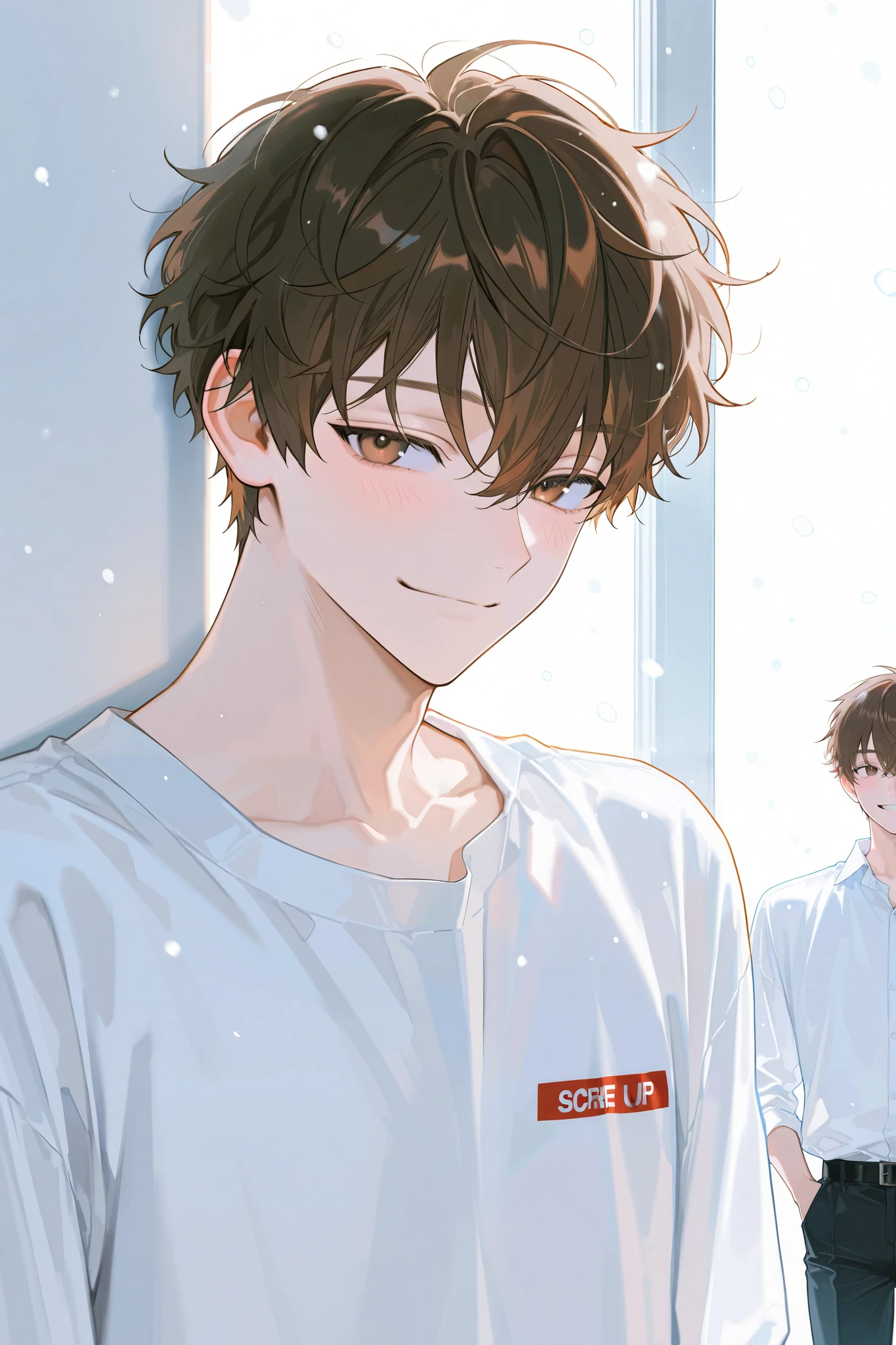 1 man with a gun, handsome, smile, seasons: spring, white background, part time job, alone, white shirt , Snow in the corner that went down, male, Adonis, handsome, attractive , brown eyes, curly hair, brown hair, 27 years old, shameful, blush, Staring and smiling, standing position