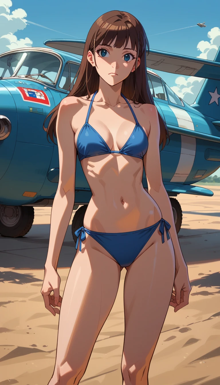 Super big breasts、High leg striped bikini、Blue and white horizontal striped bikini、Ultra glossy、sneakers、Detailed picture、girl、smile、25-year-old woman、Dynamic and lively pose、Crotch line、Erect nipples