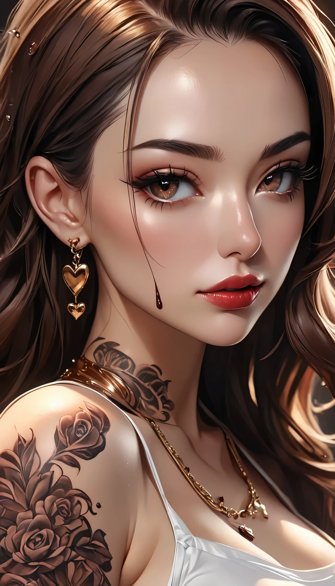 Ultra high resolution illustration, beautiful adult woman wet with melted and dripping chocolate, \JK\, with the words "Happy Valentine's Day" {x} ((tattooed all over her body)), seamless melted, beautifully detailed shot, beautiful eyes with fine details, beautiful lips with fine details, highly detailed face, long eyelashes, sexy body wet with melted and dripping chocolate, censored, attractive legs, very cute and sweet scenery, BREAK mellow flavor and rich aroma, exquisite harmony of sweetness and bitterness, professional craftsmanship work, ((high quality, 8k, hyper-realistic, realistic, masterpiece, highly detailed)), studio lighting, professional portrait, beauty portrait art, soft focus, moody lighting, dramatic atmosphere, chocolate tattoo themed art, JK, ARW
