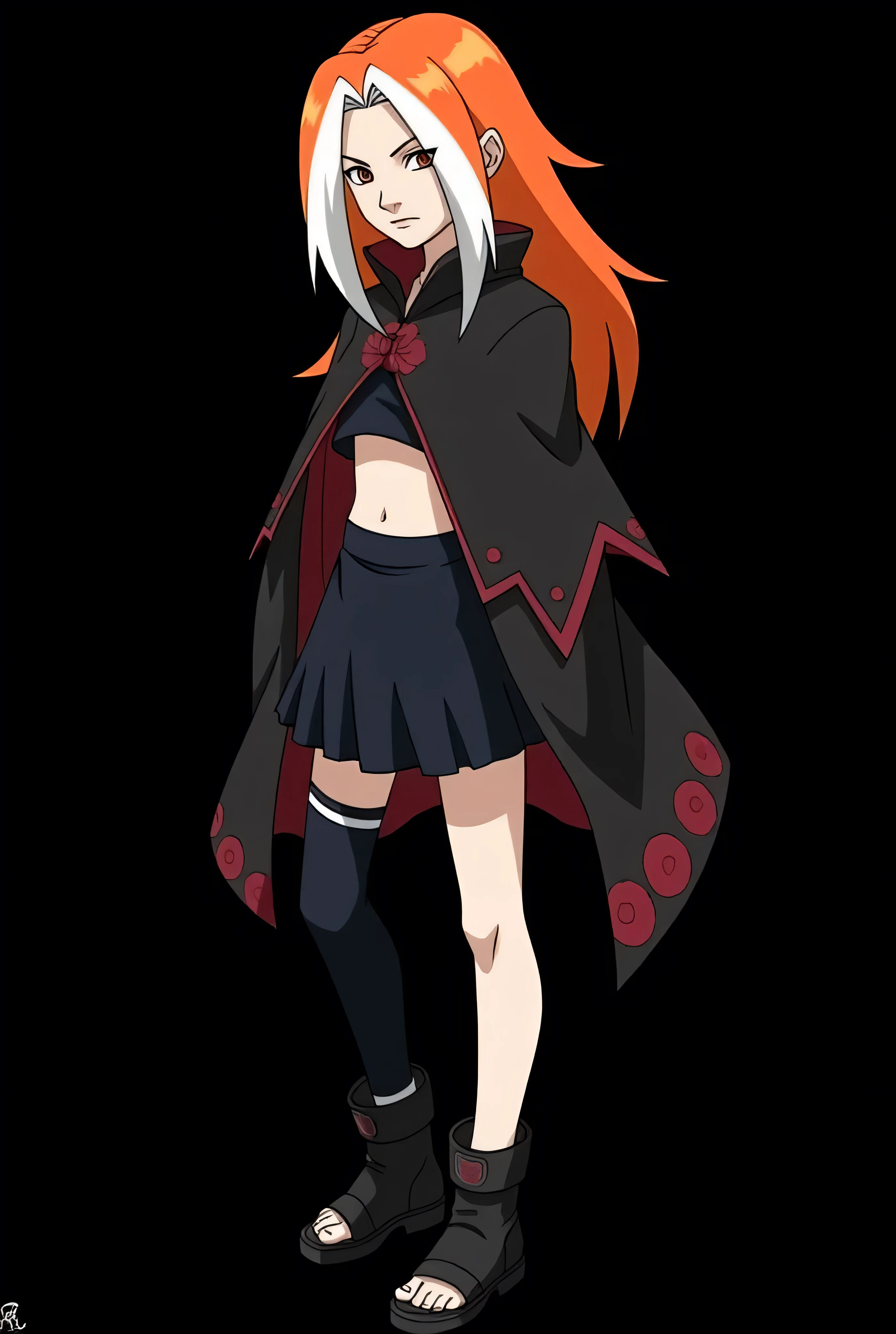 Female character of a designed for the Naruto Classic universe, in the style of Masashi Kishimoto , Aparência:
Age: anos
Aparência:
hair: long and flaming , with an intense orange tone that seems to shine in the sunlight . Two white locks highlighted on the front frame her face , giving her a mysterious and unique air . Her hair is normally loose , but she wears a ribbon for Attach some wicks during combat .
eyes: nostrils, that transmit calm and wisdom beyond her age , but what if They make penetrating and intense in moments of battle or when practicing magic .
It lasts: Akari wears a black cropped with dark red details, inspired by the traditional robes of Wicca witches , but adapted for combat . She wears tight black skirts and reinforced boots for greater mobility. Physical and body structure of a girl . black background. Design characteristics and traits of Studio Pierrot: