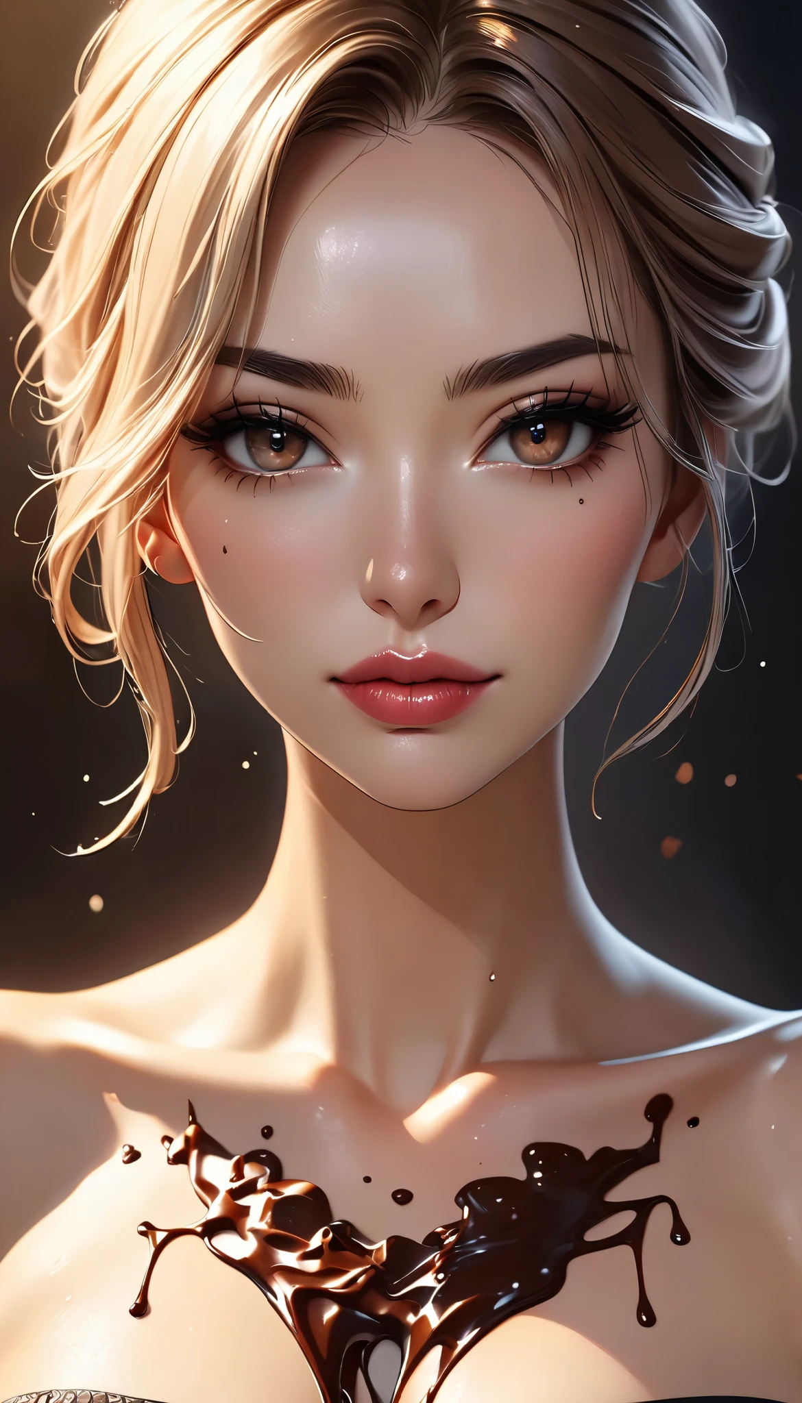 Ultra high resolution illustration, beautiful adult woman wet with melted and dripping chocolate, with the words "Happy Valentine's Day" {x} ((tattooed all over her body)), seamless melted, beautifully detailed shot, beautiful eyes with fine details, beautiful lips with fine details, highly detailed face, long eyelashes, sexy body wet with melted and dripping chocolate, censored, attractive legs, very cute and sweet scenery, BREAK mellow flavor and rich aroma, exquisite harmony of sweetness and bitterness, professional craftsmanship work, ((high quality, 8k, hyper-realistic, realistic, masterpiece, highly detailed)), studio lighting, professional portrait, beauty portrait art, soft focus, moody lighting, dramatic atmosphere, chocolate tattoo themed art, JK, ARW