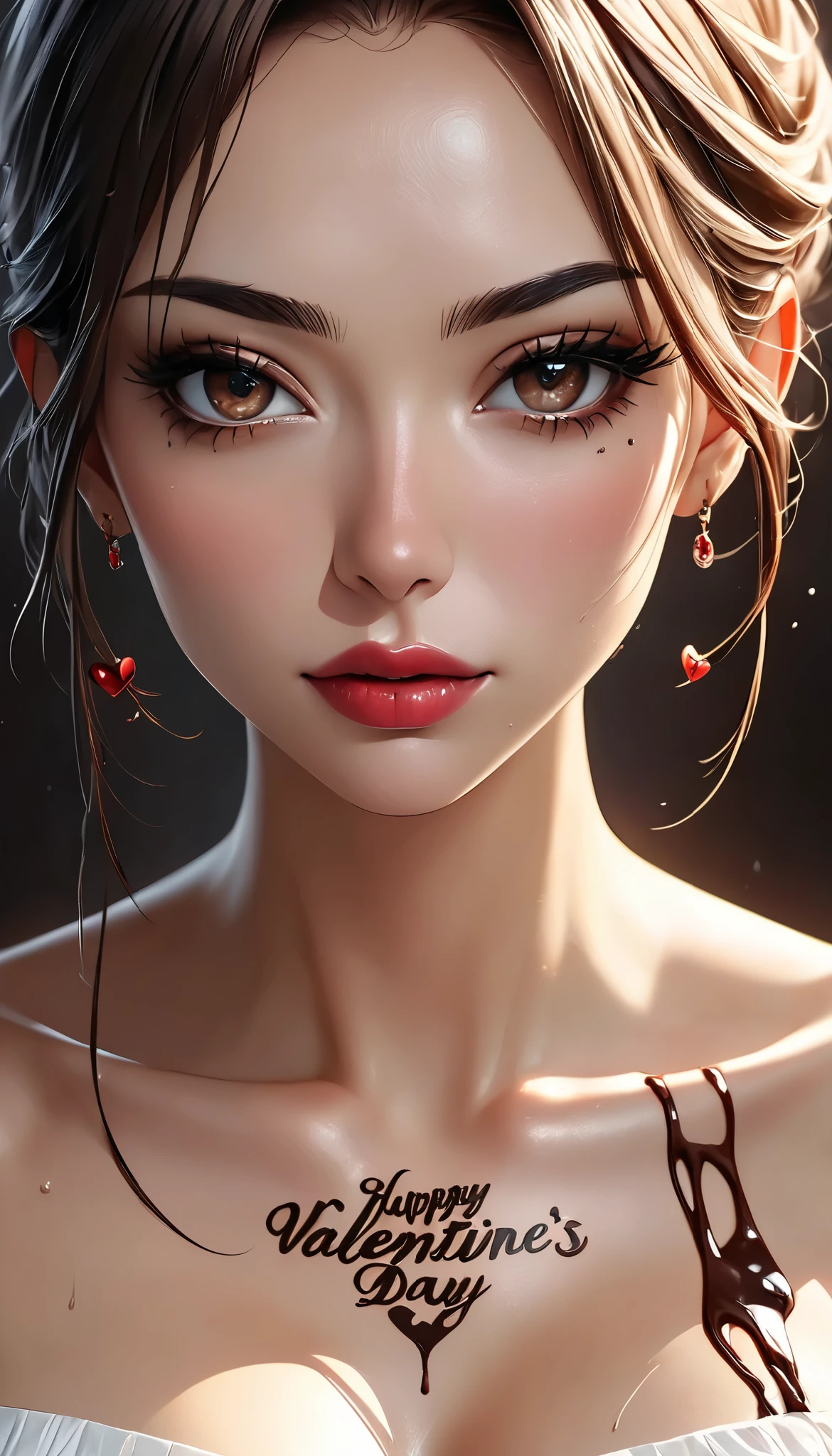 Ultra high resolution illustration, beautiful adult woman wet with melted and dripping chocolate, \JK\, with the words "Happy Valentine's Day" {x} ((tattooed all over her body)), seamless melted, beautifully detailed shot, beautiful eyes with fine details, beautiful lips with fine details, highly detailed face, long eyelashes, sexy body wet with melted and dripping chocolate, censored, attractive legs, very cute and sweet scenery, BREAK mellow flavor and rich aroma, exquisite harmony of sweetness and bitterness, professional craftsmanship work, ((high quality, 8k, hyper-realistic, realistic, masterpiece, highly detailed)), studio lighting, professional portrait, beauty portrait art, soft focus, moody lighting, dramatic atmosphere, chocolate tattoo themed art, JK, ARW