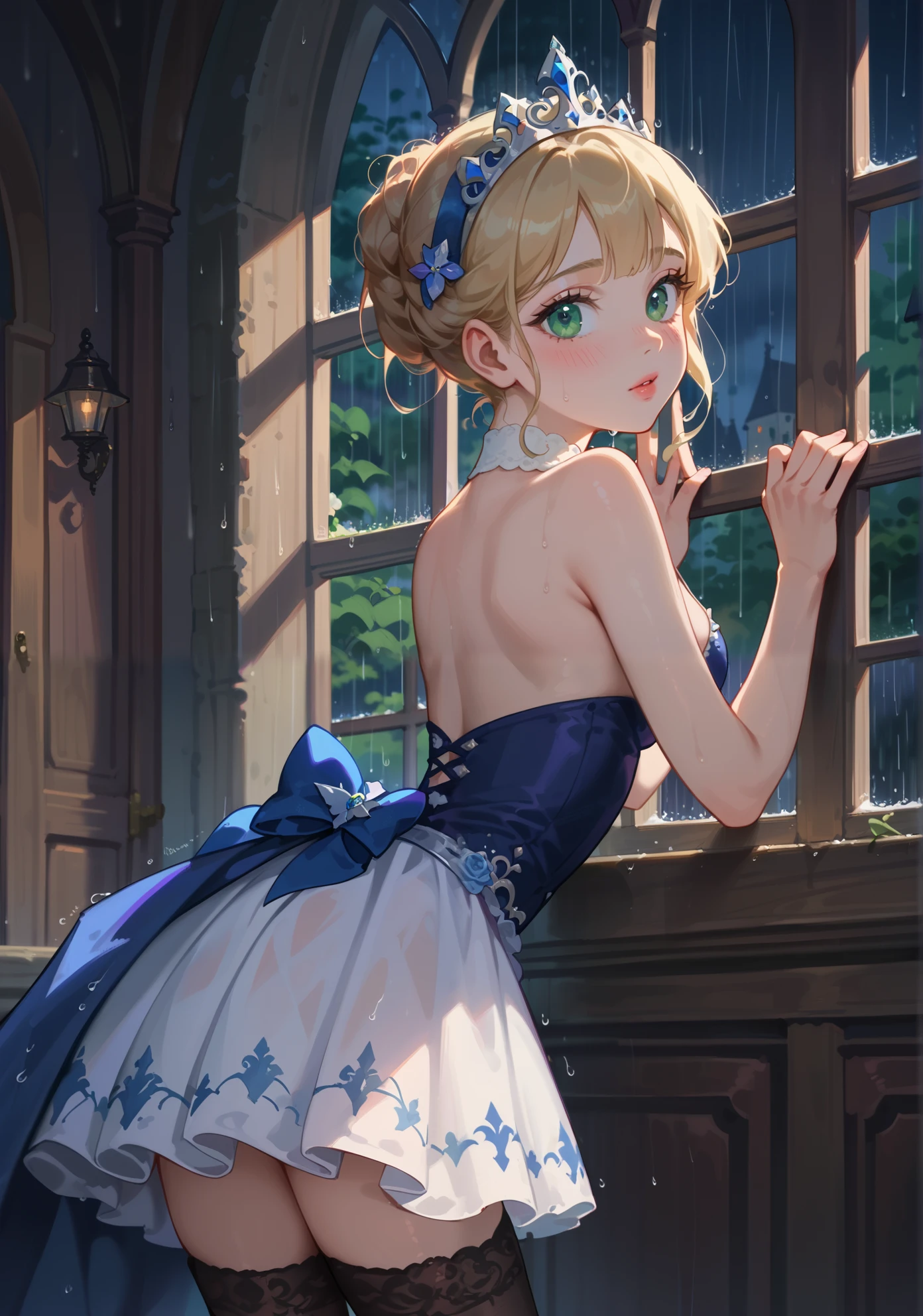 score_9, score_8_up, score_7_up, 1girl, young princess, (slim petite figure), shy face, blushing, standing by the window, bent over, sexy pose, close up, (fancy royal dress), stockings, side boob, fancy hair, medieval castle grand hall, (rainy night:1.2),