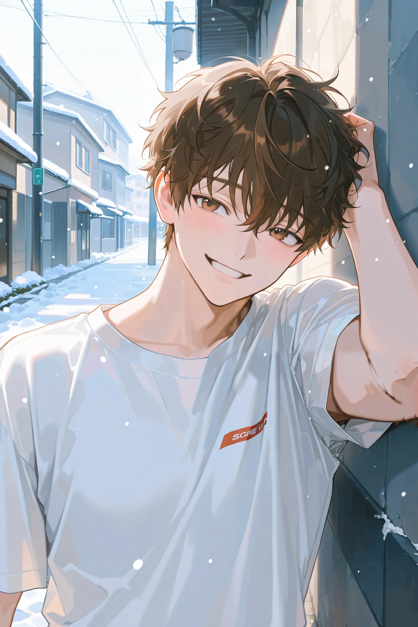 1 man with a gun, handsome, smile, seasons: spring, street background, part time job, alone, white shirt , Snow in the corner that went down, male, Adonis, handsome, brown eyes, curly hair, brown hair, 27 years old, shameful, blush, Laugh,Eye smile, Happy appearance ,Exciting