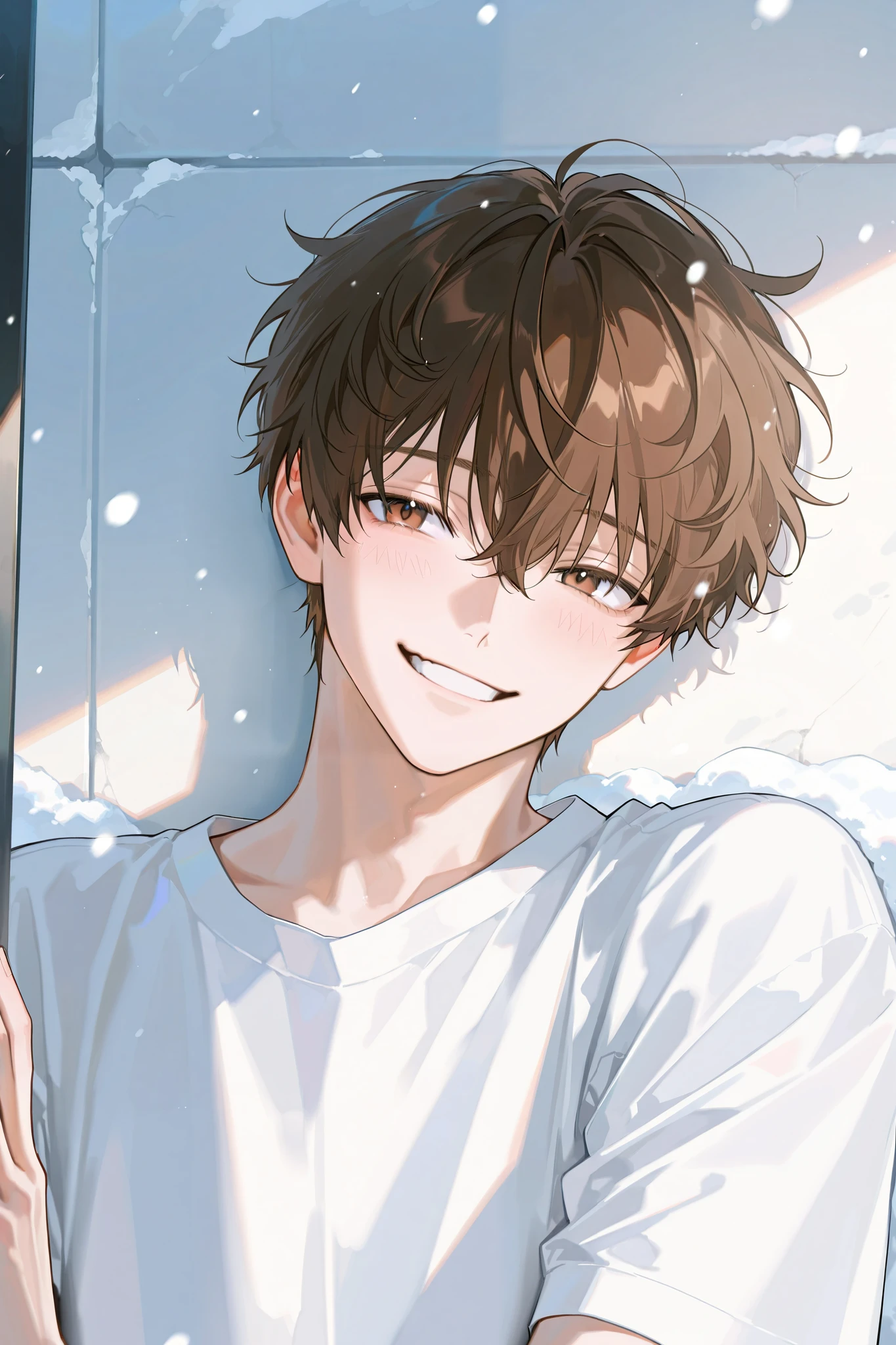 1 man with a gun, handsome, smile, seasons: spring, street background, part time job, alone, white shirt , Snow in the corner that went down, male, Adonis, handsome, brown eyes, curly hair, brown hair, 27 years old, shameful, blush, Laugh,Eye smile, Happy appearance ,Exciting