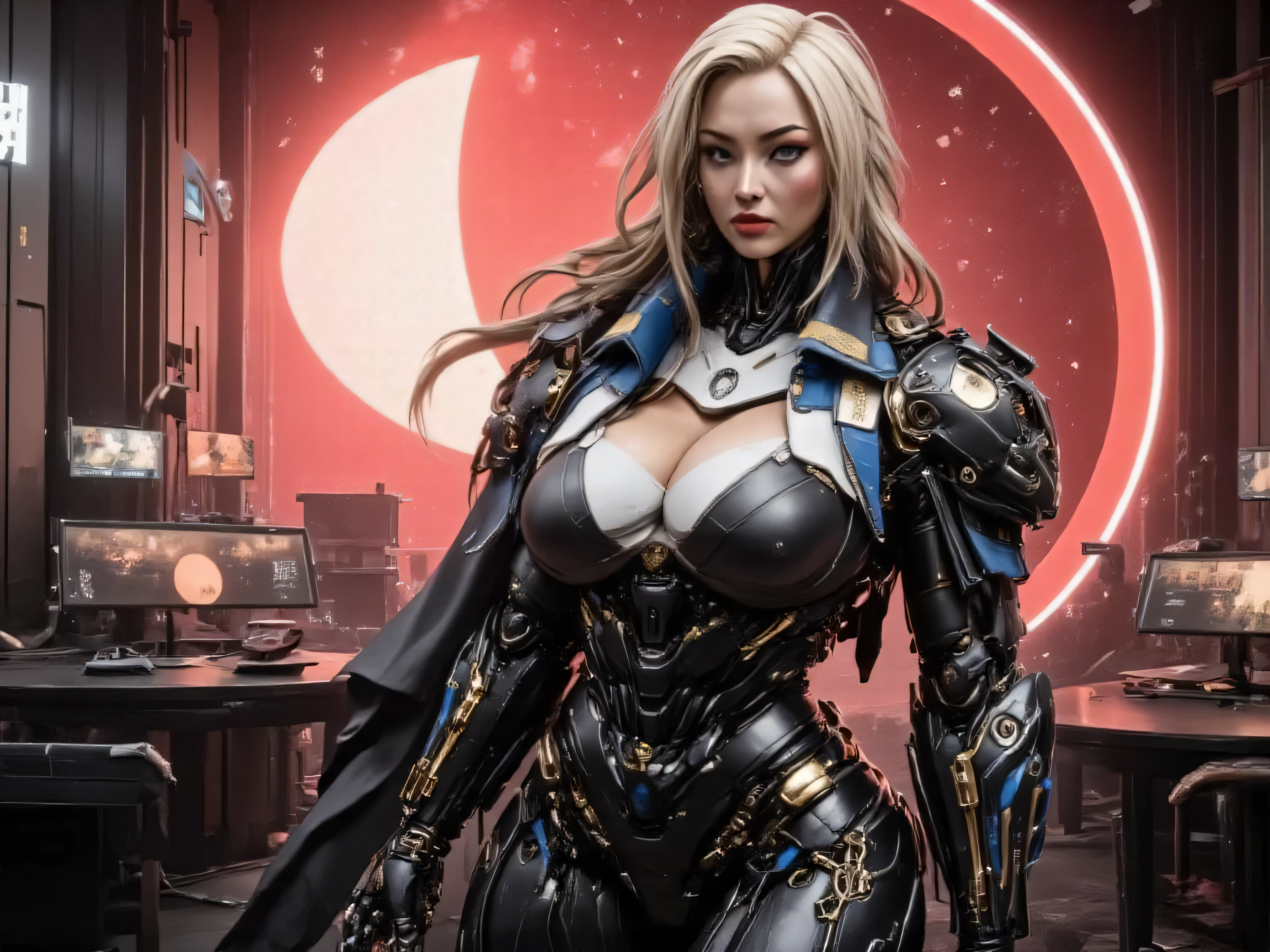((best quality)), (Masterpeace, high quality, high resolution, realistic photo, photography, detailed, no tattoos on face), 1 japanese porn star women stormtrooper fighter gangster , age from 30 to 36 years old, porn star Xo Gisele dark space warrior, 8k_wallpaper, extremely detailed eyes, (large masterpiece digital art), (intricate details:1.3 ), (ultra-detailed:1.3), (sharp focus:1.3), (natural lighting:1.05), (vivid colors:1.3), (best quality:1.4), HDR, studio lightings, expressive eyes, full body shot, detailed face, beautiful face, perfect face, impudent rude predatory and vulgar look with a predatory fanged smile, smiles predatorily with passion in the eyes, ((voluminous thick sandy blonde hair)), (korean light predatory makeup), {{wet light bronze skin}}, ({wet light bronze skinned female}), (big breasts), huge chest, (pelvis widens:2.4), big ass, dense white coat, closed chest and stomach with thick steel heavy and bulky nano symbiotic armor mecha armor, dressed in a wide and long black and white strict space military uniform with a high collar, on her shoulders are blue wide shoulder straps framed by golden hanging short chains, on her right chest is an emblem in the form of a blue predatory dragon's mouth, black leather pants, golden cyber gloves, she is standing in a wide space cyberpunk office with a black table on which a hologram of the relief of some planet is turned on, the scarlet sun is shining outside the window, the office is light, post-apocalypse, ultra-realism, hyperrealism, cinematic, dark fantasy, chinese style,