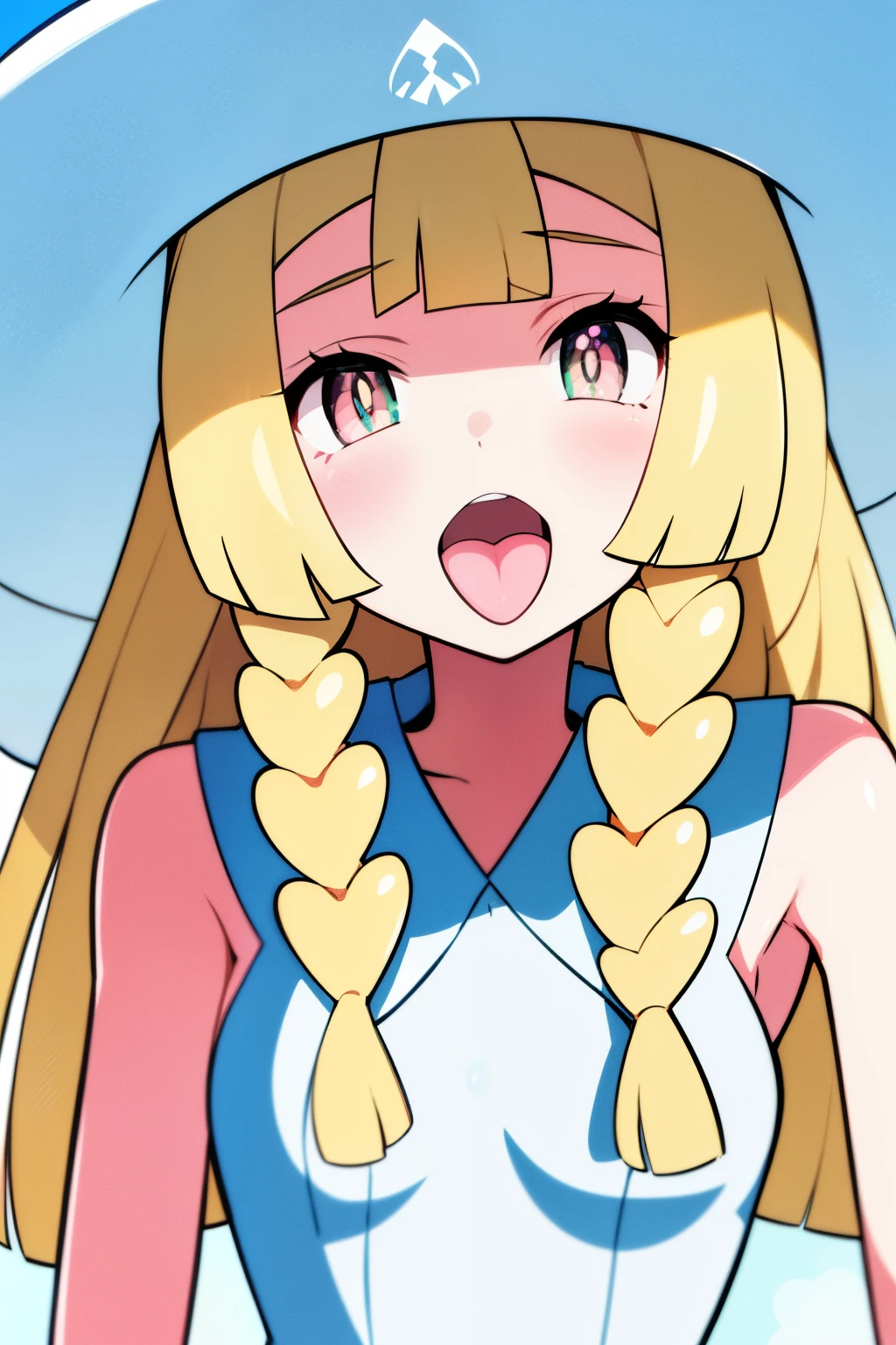 high quality, Masterpiece, 、 Hi-Res、 Lillie、 long hair, braided, sun hat, White headdress, Sleeveless Dress, white dress, 白い sun hat, close up on the face 、 and my tongue is sticking out、There is a sigh、Functional、Heart shape with pink pupils